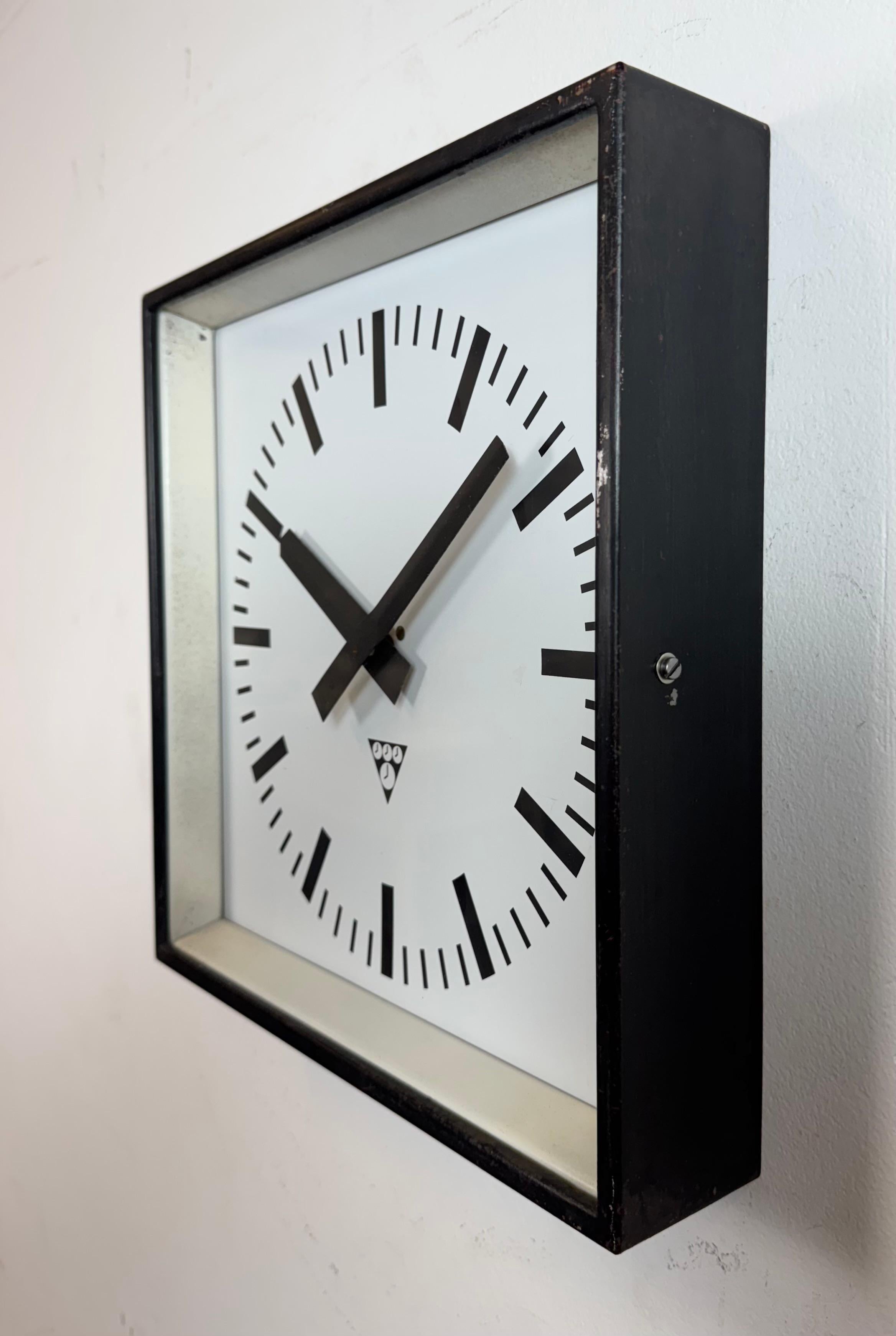 Black Industrial Square Wall Clock from Pragotron, 1970s In Good Condition For Sale In Kojetice, CZ