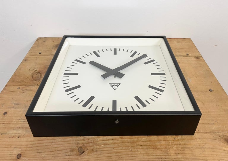 20th Century Black Industrial Square Wall Clock from Pragotron, 1970s For Sale