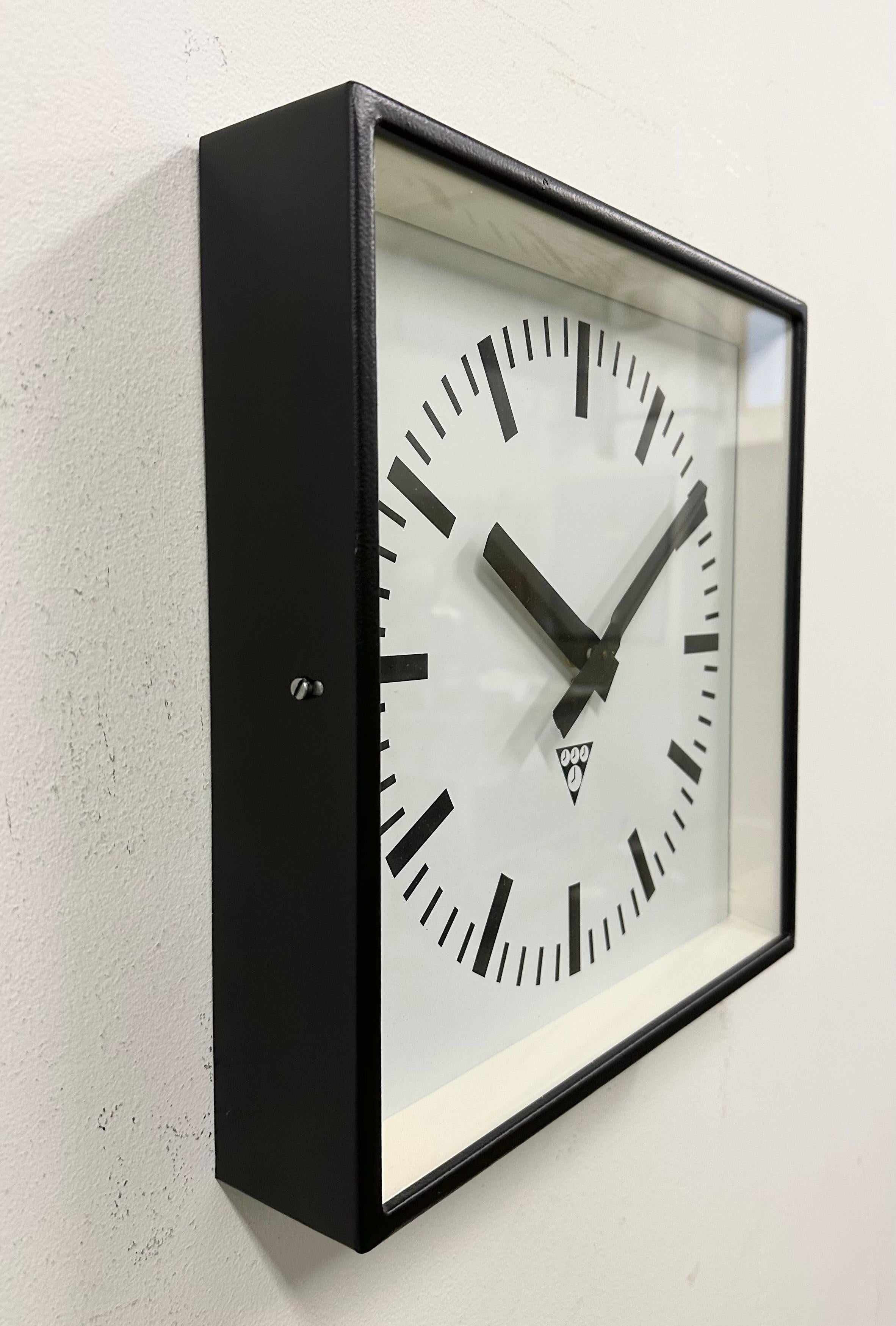 Czech Black Industrial Square Wall Clock from Pragotron, 1970s For Sale