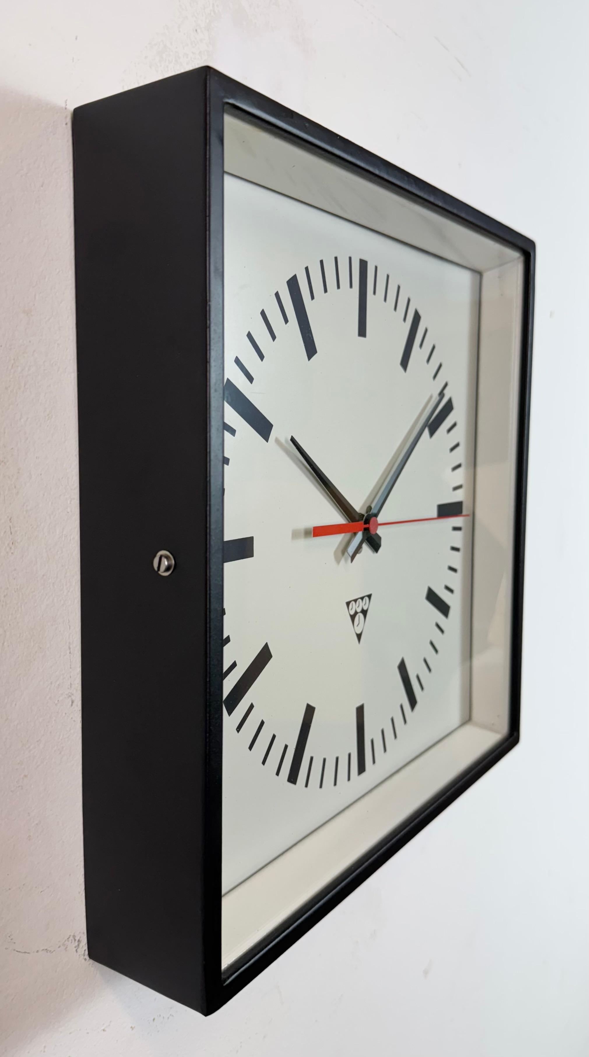 Late 20th Century Black Industrial Square Wall Clock from Pragotron, 1970s For Sale