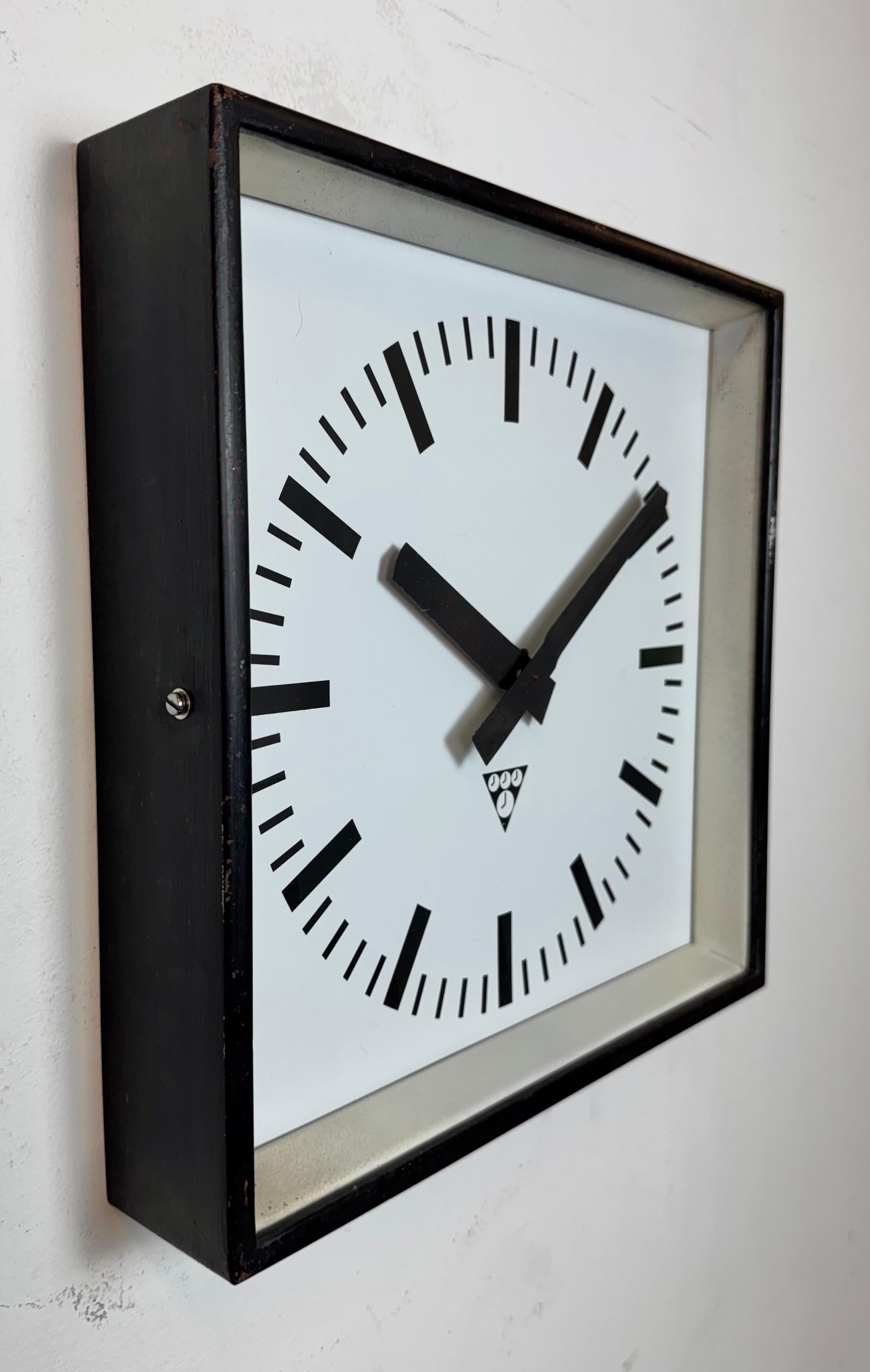 Late 20th Century Black Industrial Square Wall Clock from Pragotron, 1970s For Sale