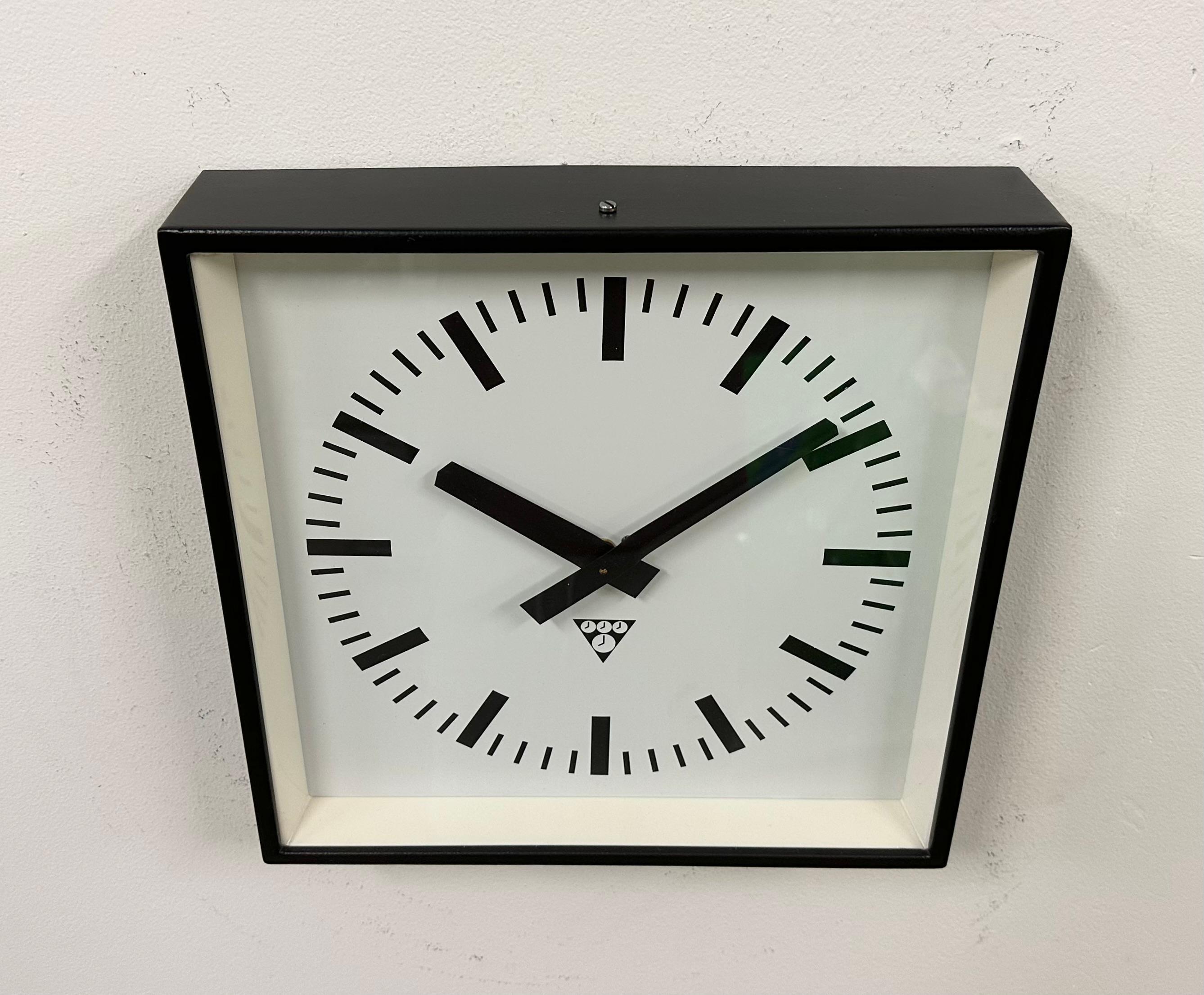Black Industrial Square Wall Clock from Pragotron, 1970s In Good Condition For Sale In Kojetice, CZ