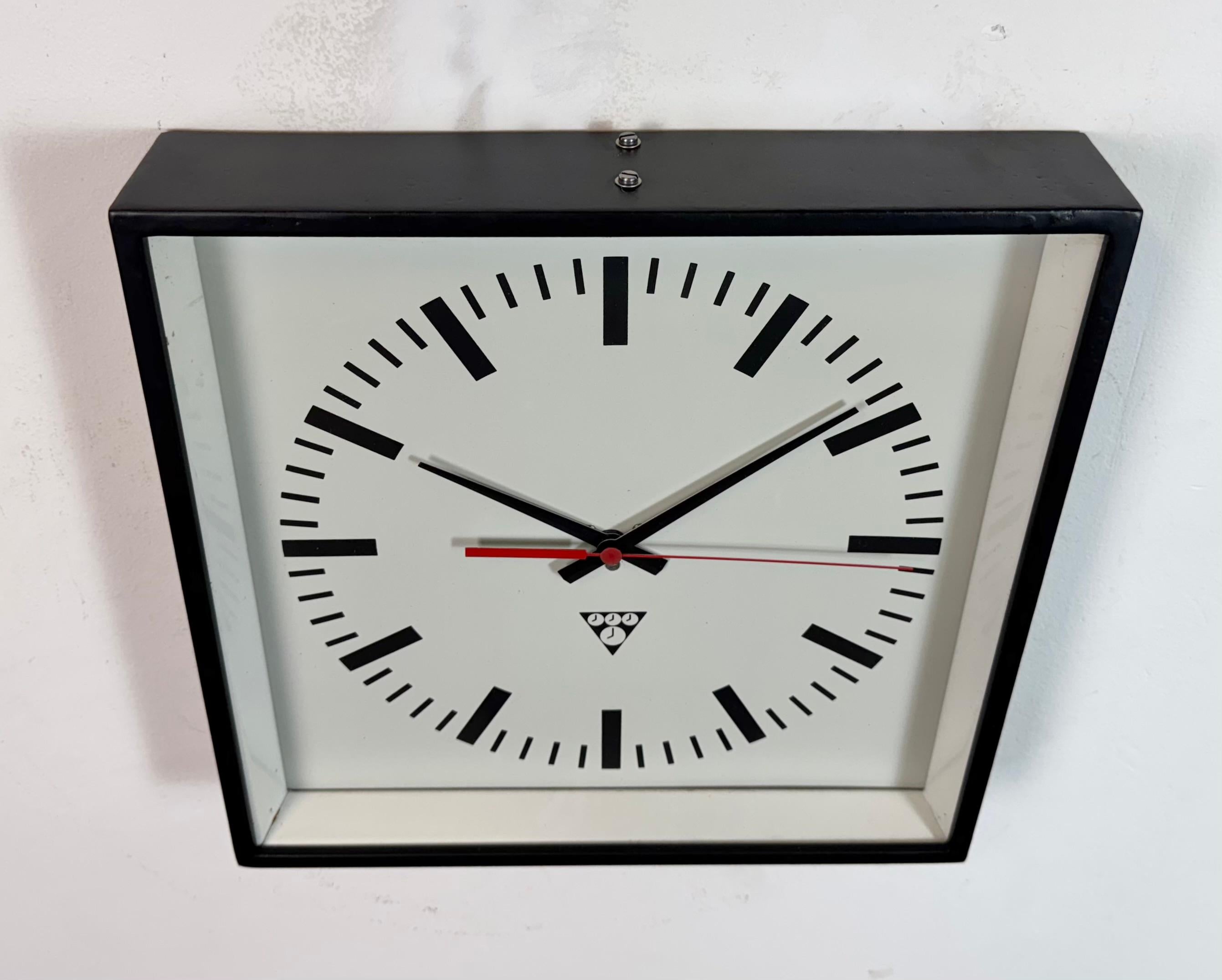Aluminum Black Industrial Square Wall Clock from Pragotron, 1970s For Sale