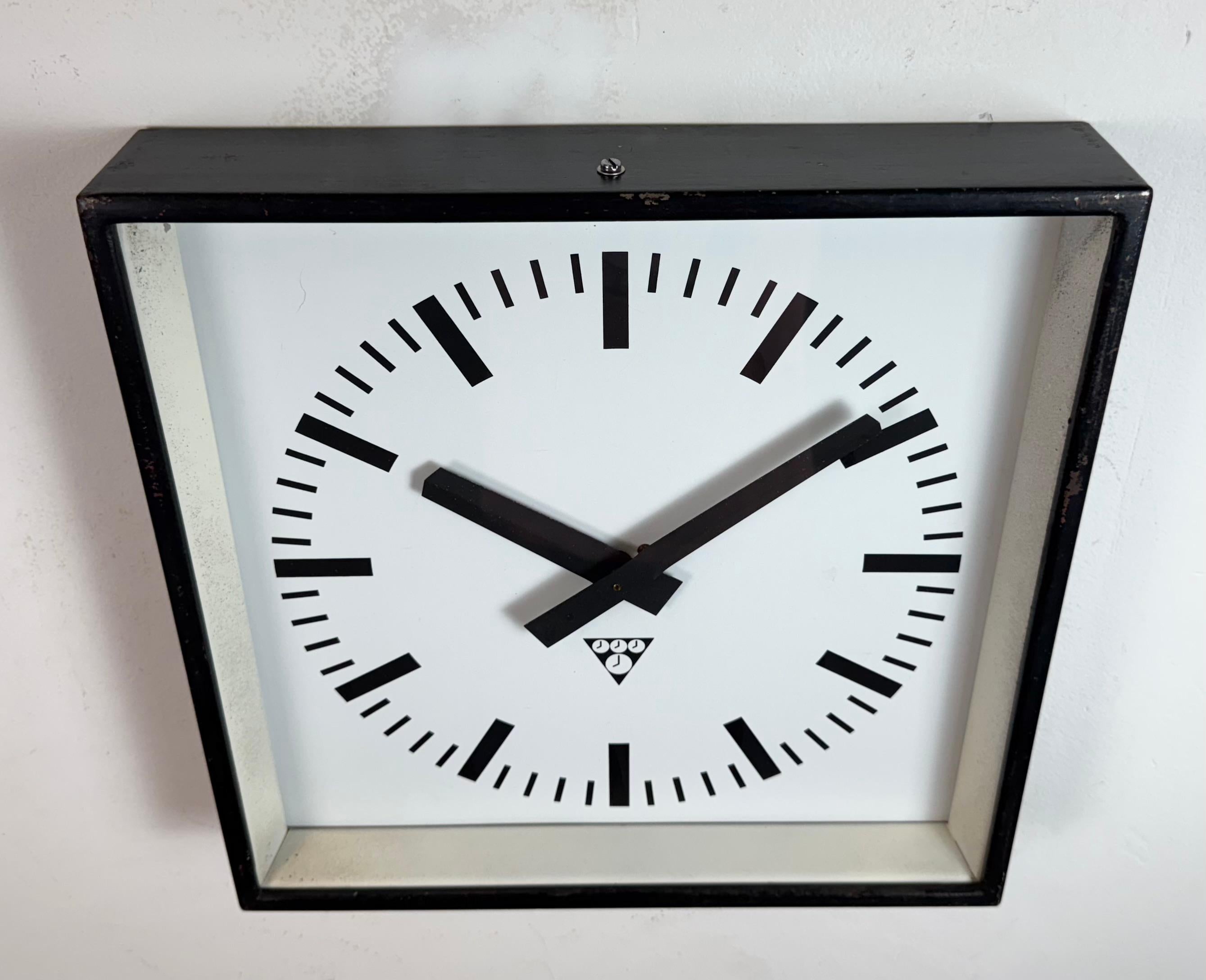 Aluminum Black Industrial Square Wall Clock from Pragotron, 1970s For Sale