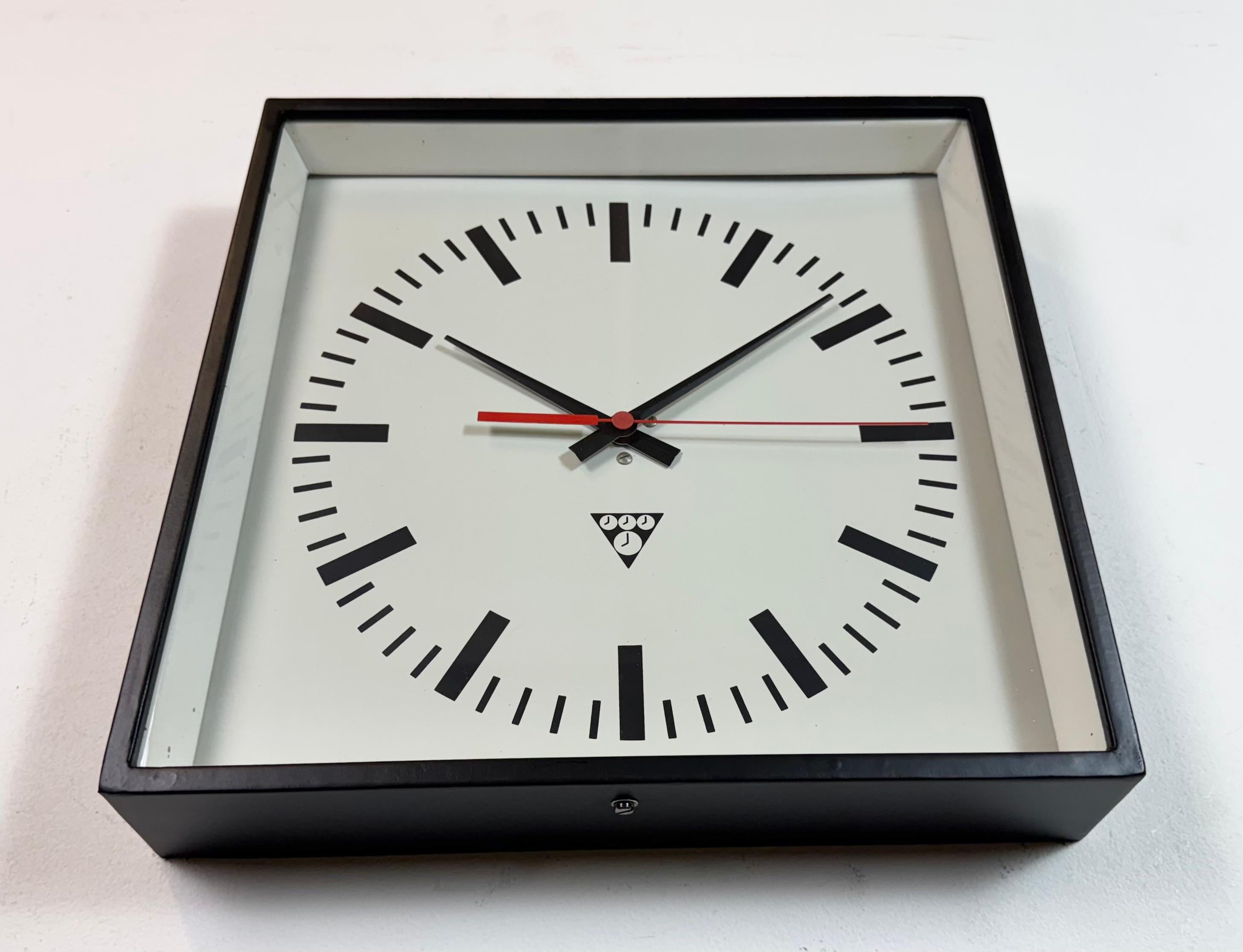 Black Industrial Square Wall Clock from Pragotron, 1970s For Sale 1