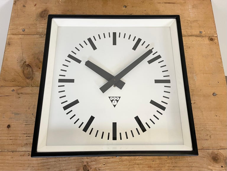 Black Industrial Square Wall Clock from Pragotron, 1970s For Sale 2