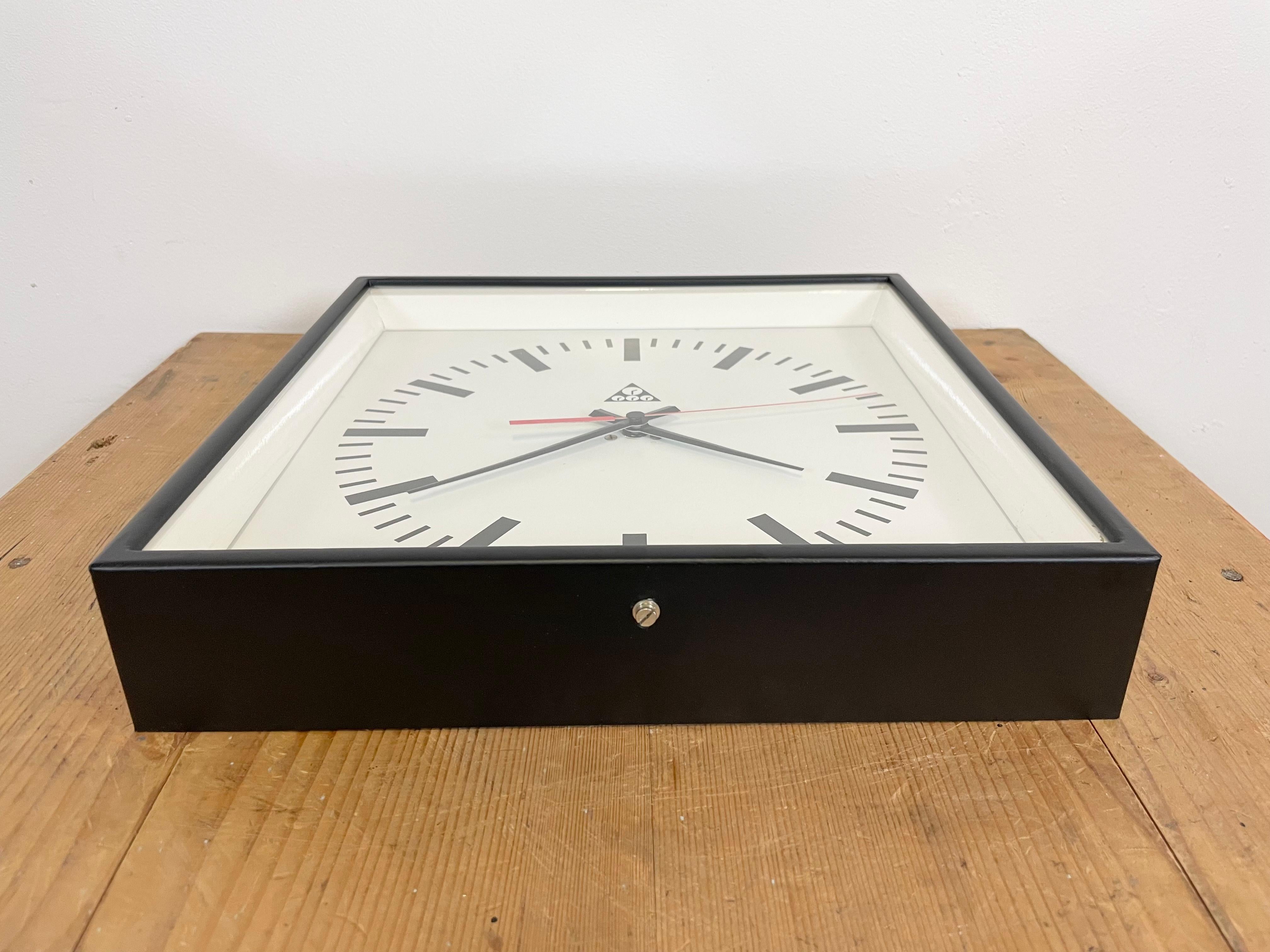 Black Industrial Square Wall Clock from Pragotron, 1970s 1