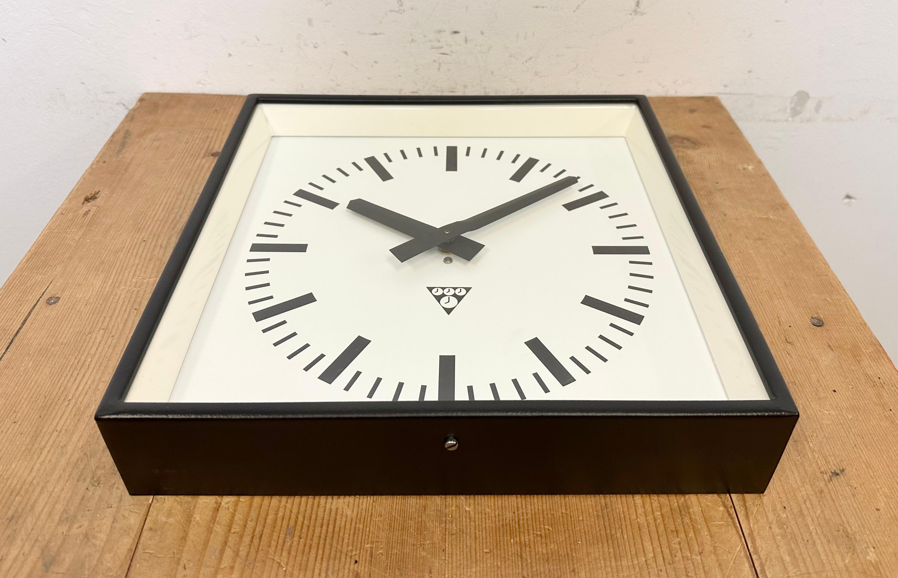 Aluminum Black Industrial Square Wall Clock from Pragotron, 1970s For Sale