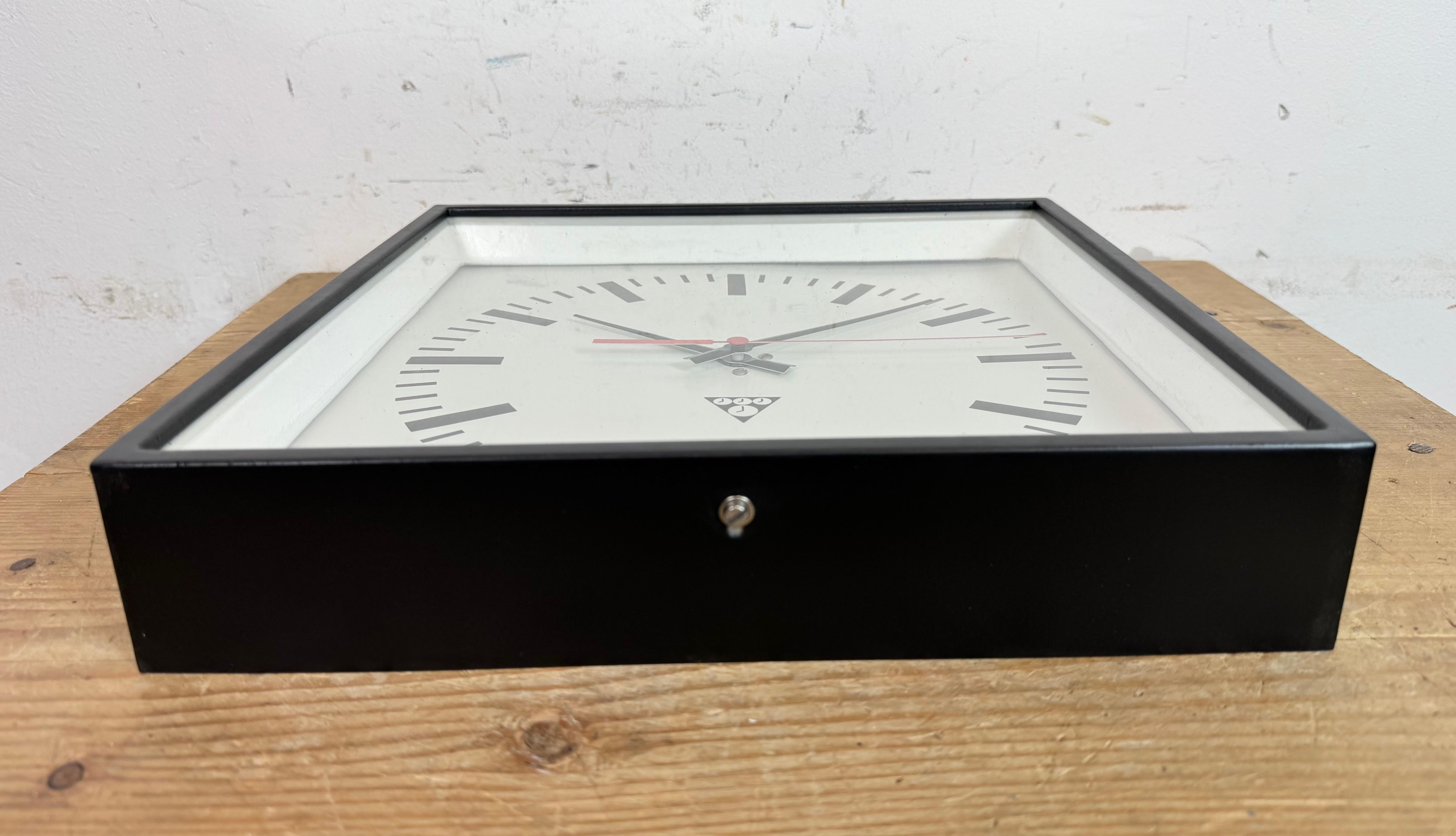 Black Industrial Square Wall Clock from Pragotron, 1970s For Sale 2