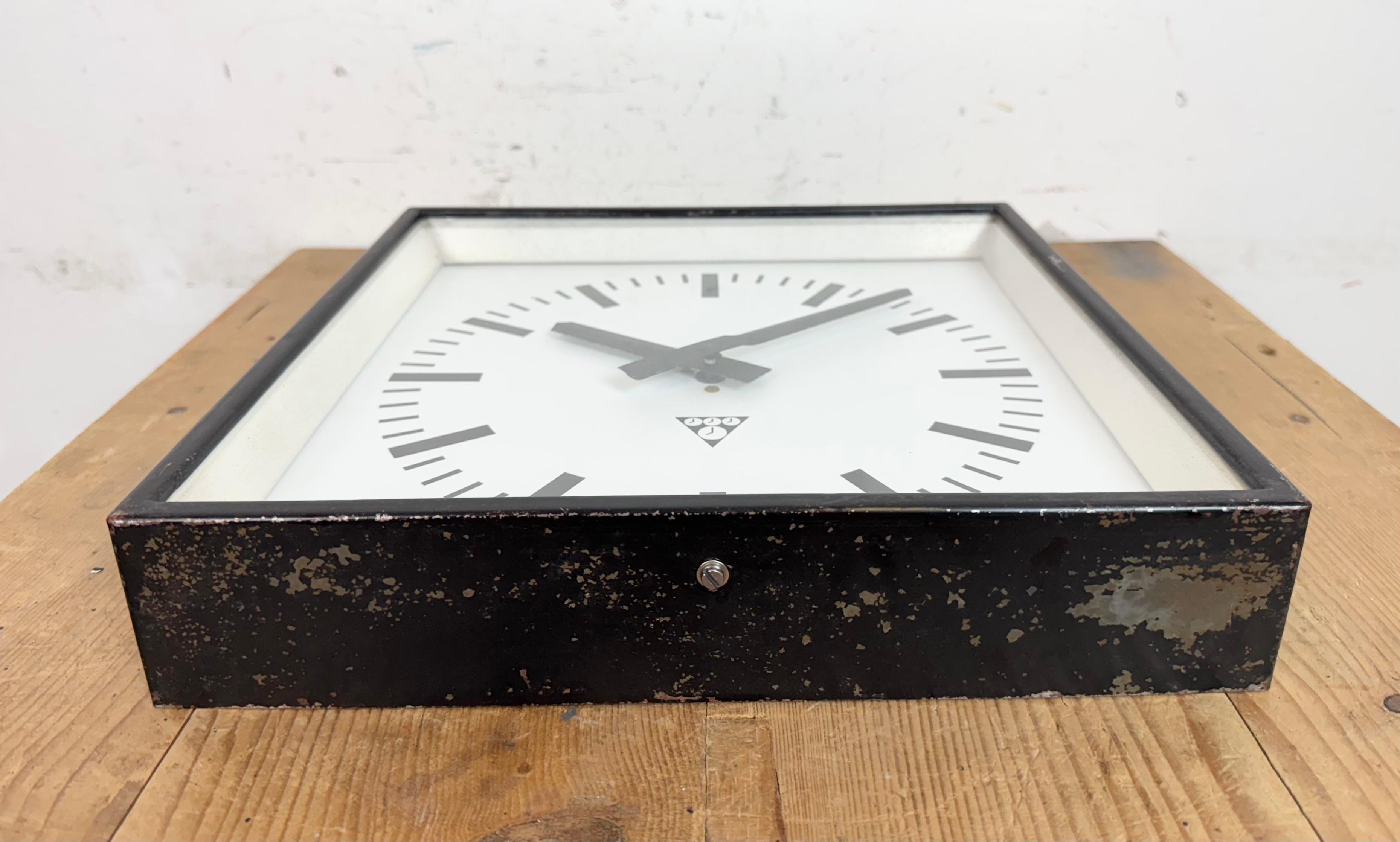 Black Industrial Square Wall Clock from Pragotron, 1970s For Sale 2