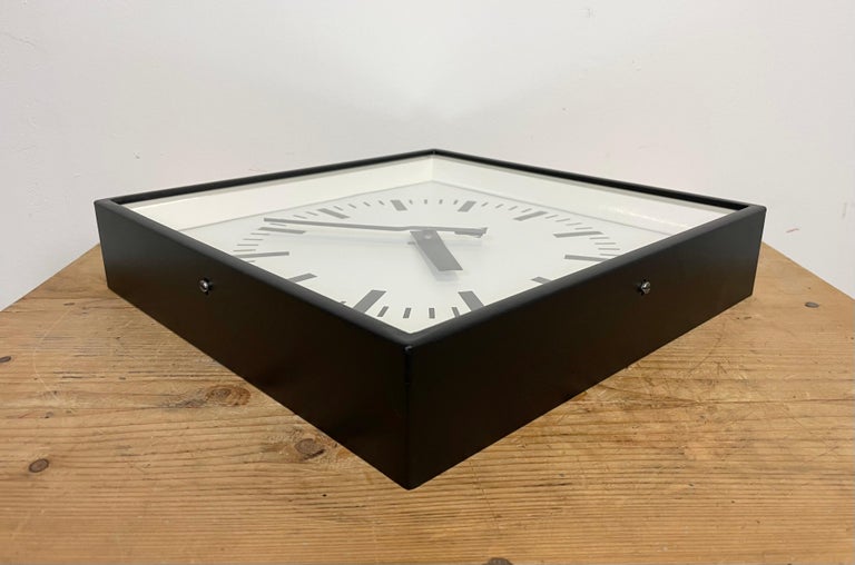 Black Industrial Square Wall Clock from Pragotron, 1970s For Sale 3