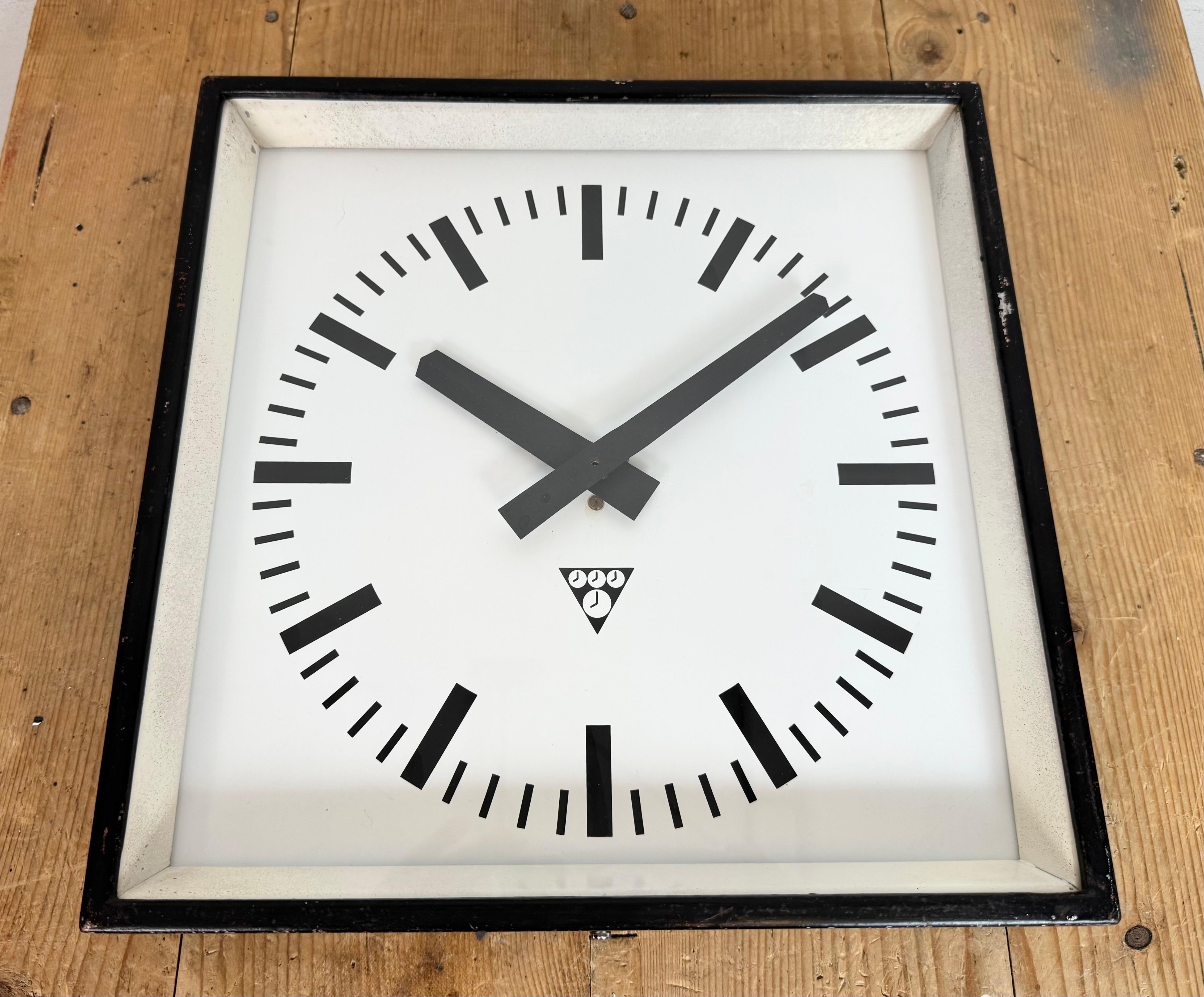 Black Industrial Square Wall Clock from Pragotron, 1970s For Sale 3