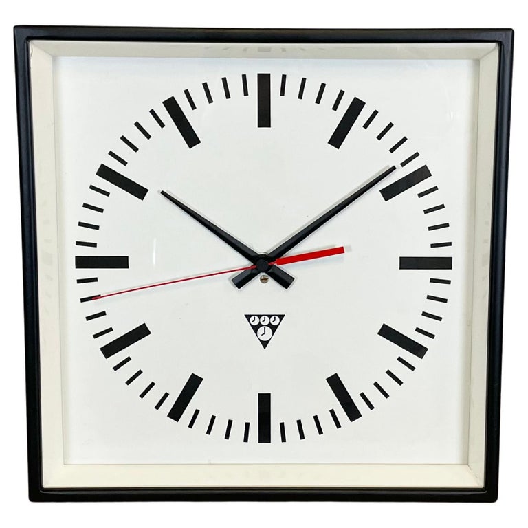Black Industrial Square Wall Clock from Pragotron, 1970s at 1stDibs