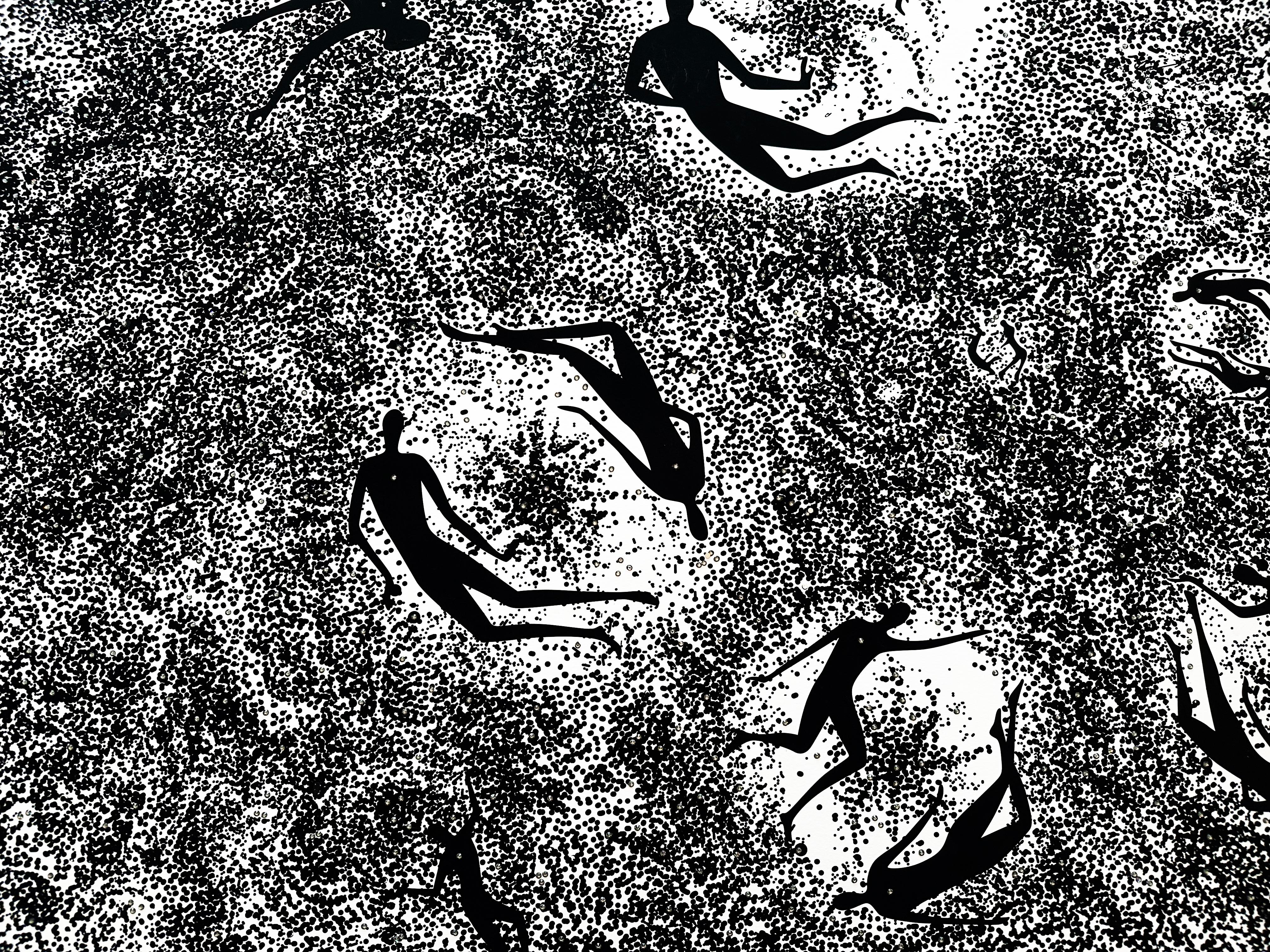 Modern Black Ink and Swarovski Black Diamond Crystals Contemporary Wall Art For Sale