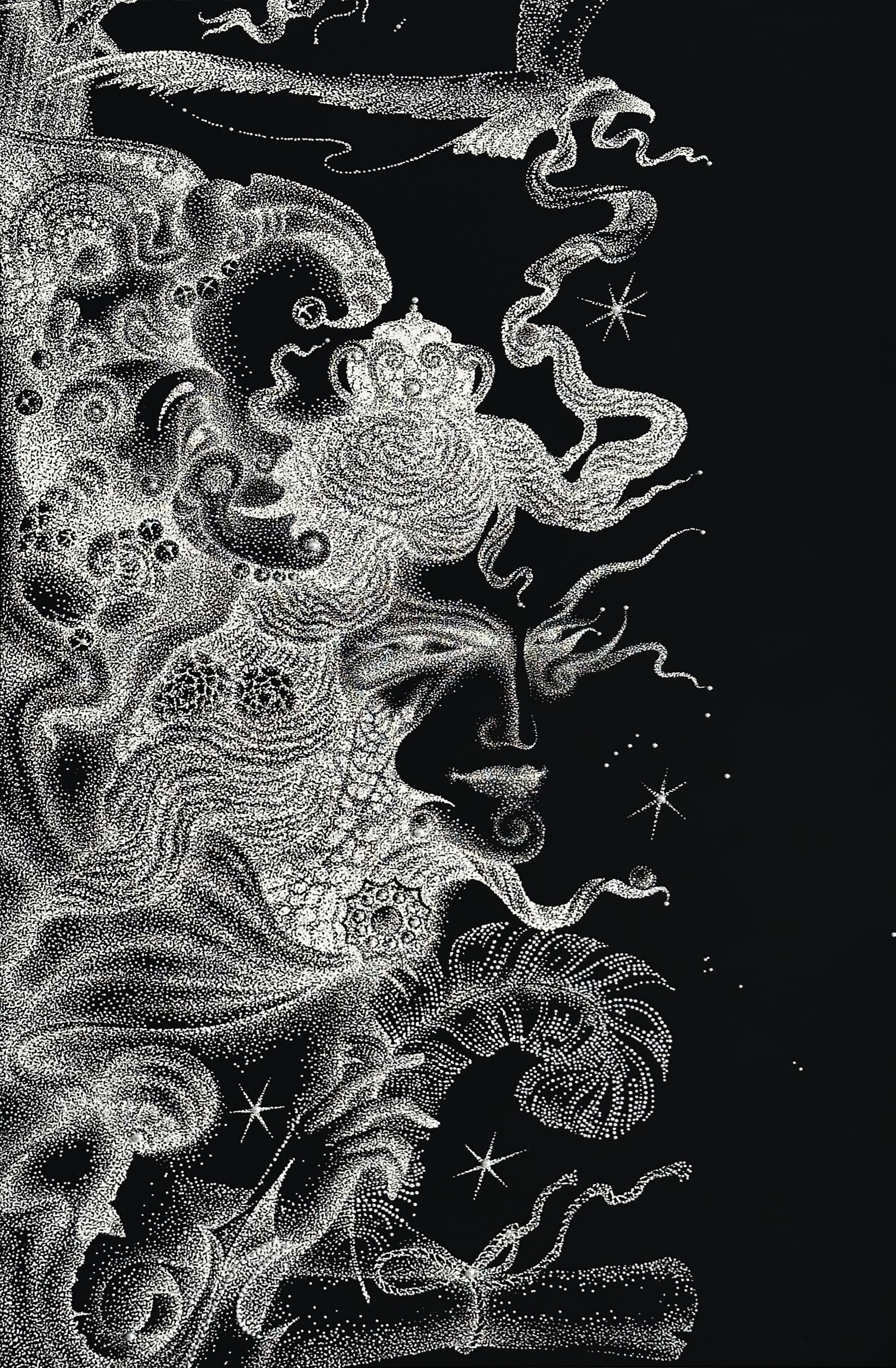 Black Ink and Swarovski Pearl Crystals Contemporary Wall Art    - 