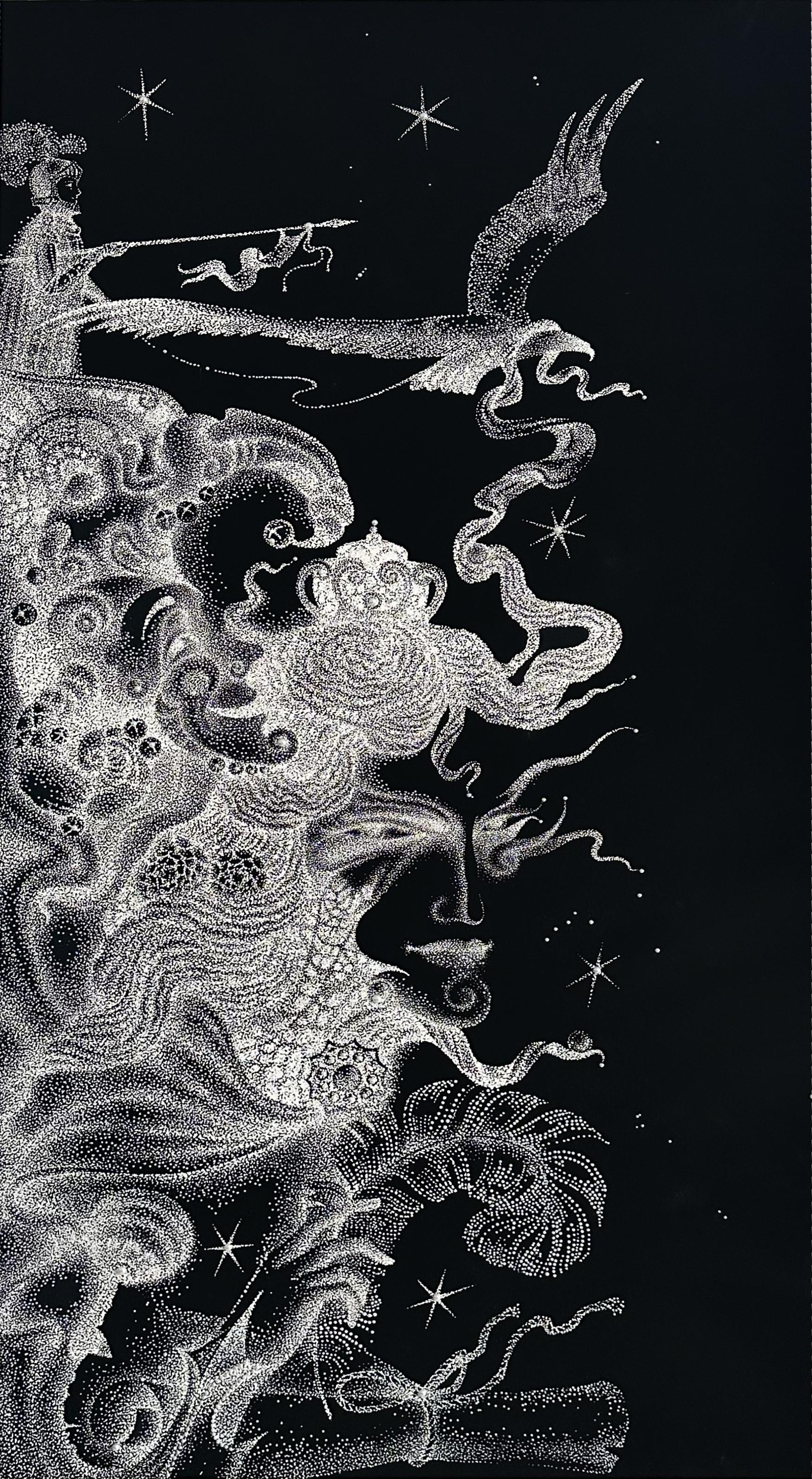 Modern Black Ink and Swarovski Pearl Crystals Contemporary Wall Art For Sale