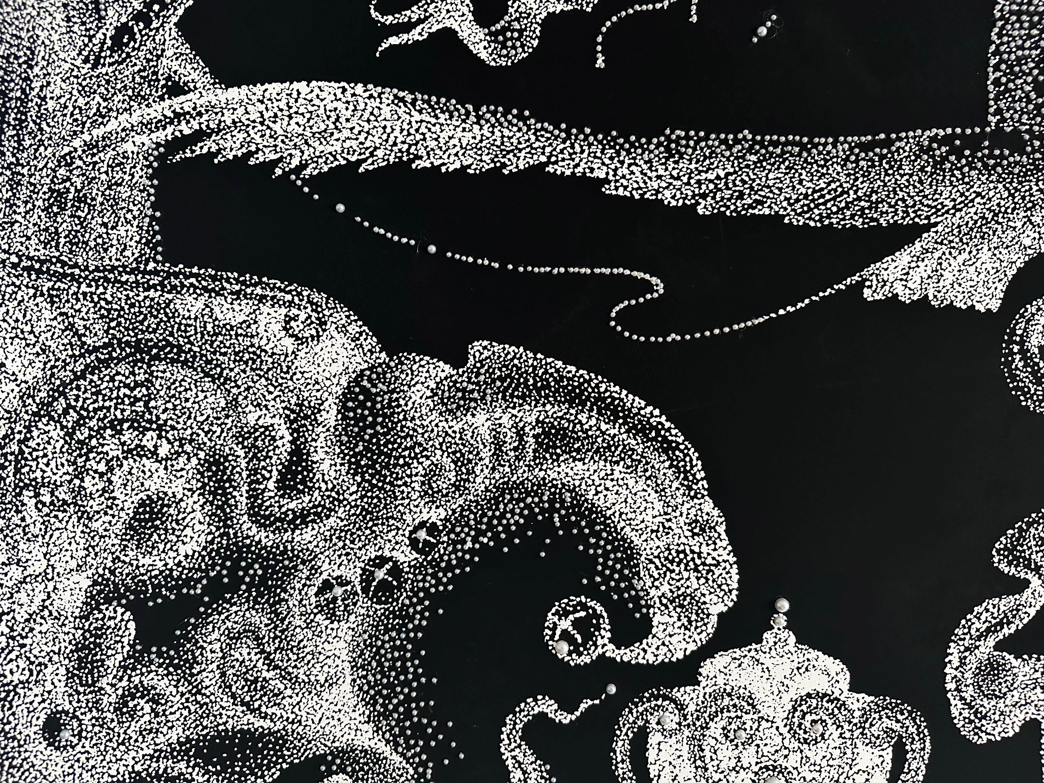 Appliqué Black Ink and Swarovski Pearl Crystals Contemporary Wall Art For Sale