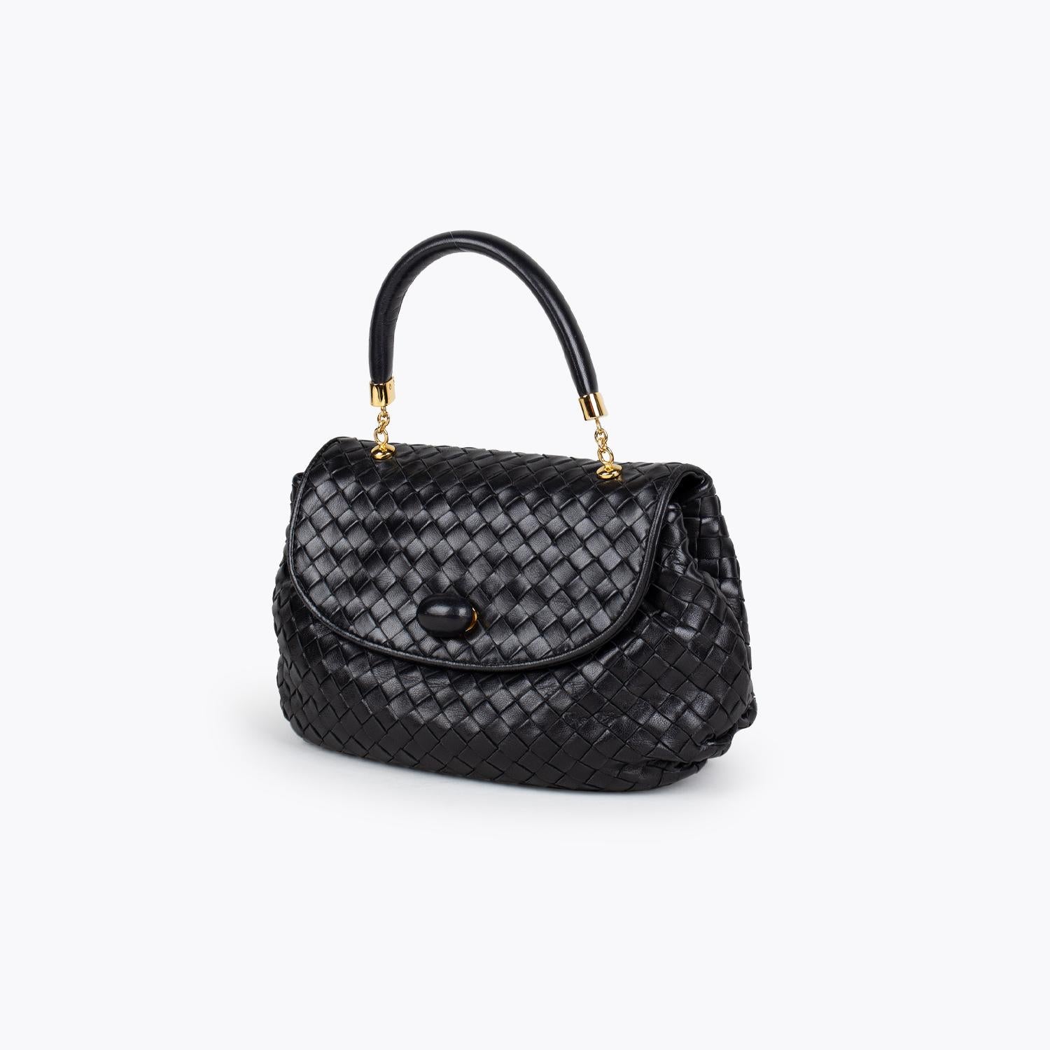 Black Intrecciato Nappa leather Bottega Veneta top handle/crossbody bag with

- Gold-tone hardware
- Single flat detachable shoulder strap
- Single acrylic top handle
- Beige interior lining
- Dual interior compartments, single interior zip pocket