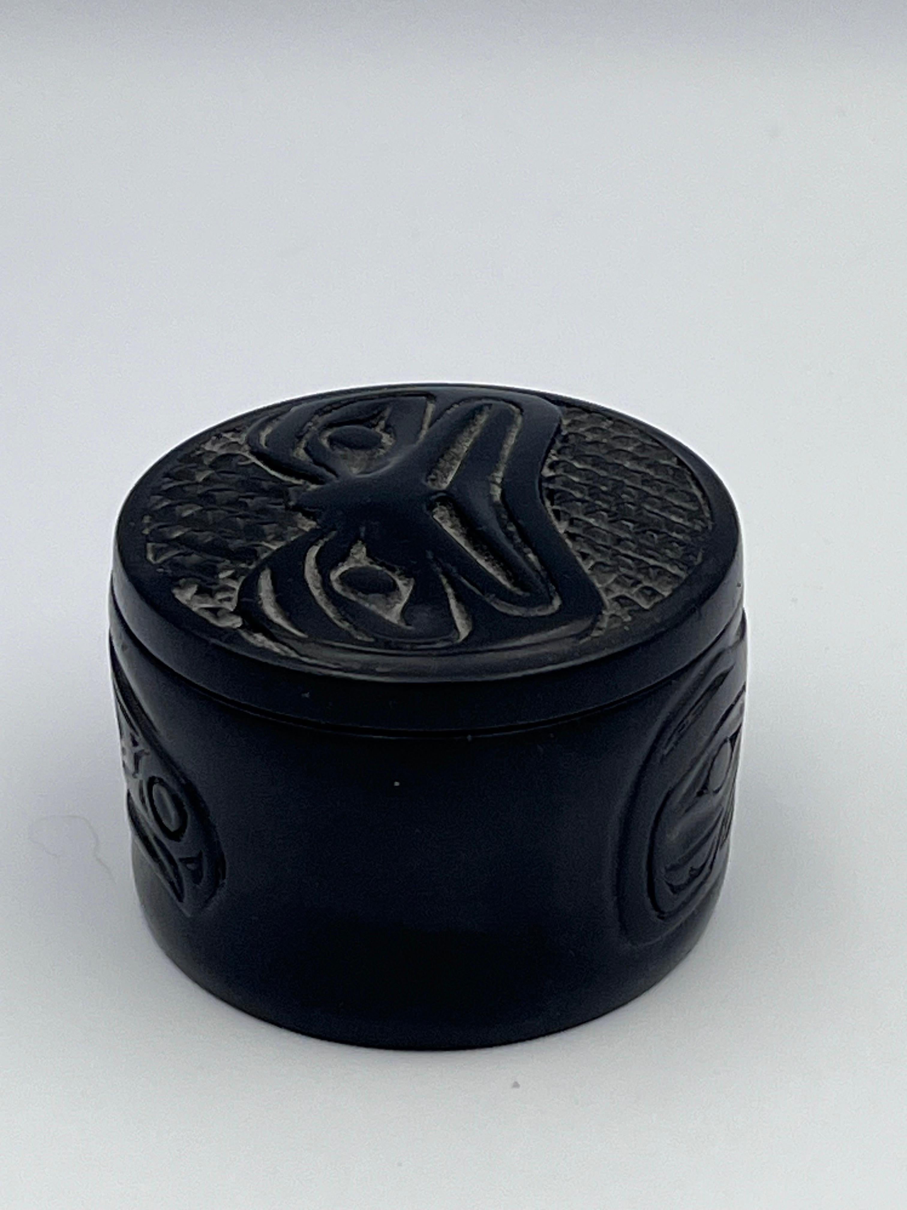 Composition Black Inuit Pacific North West Native American Decorative Lidded Box Bird Motif For Sale