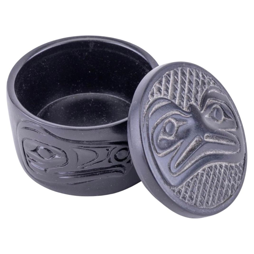 Black Inuit Pacific North West Native American Decorative Lidded Box Bird Motif For Sale