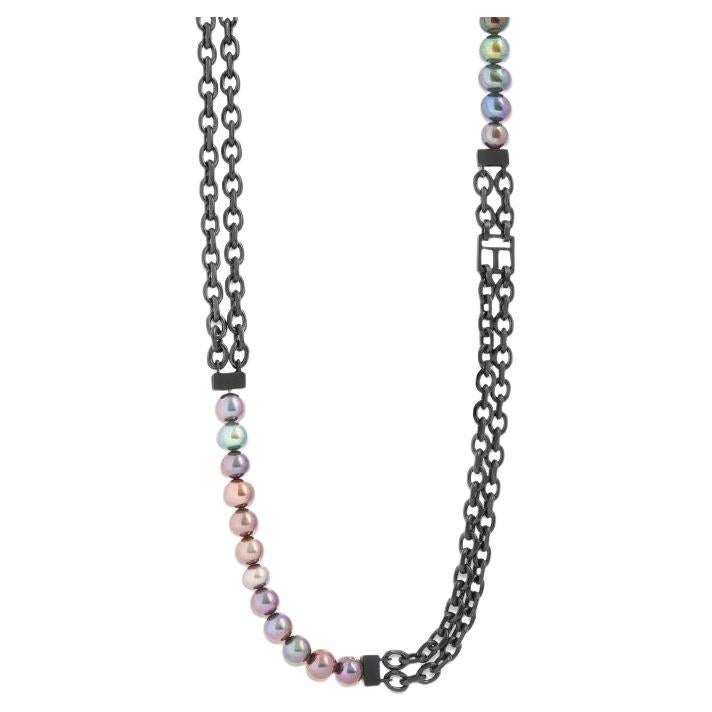 Black IP Stainless Steel Catena Isaac Necklace with Black Pearls For Sale