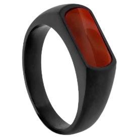 Black IP Stainless Steel RT Signet Ring with Carnelian, Size S For Sale
