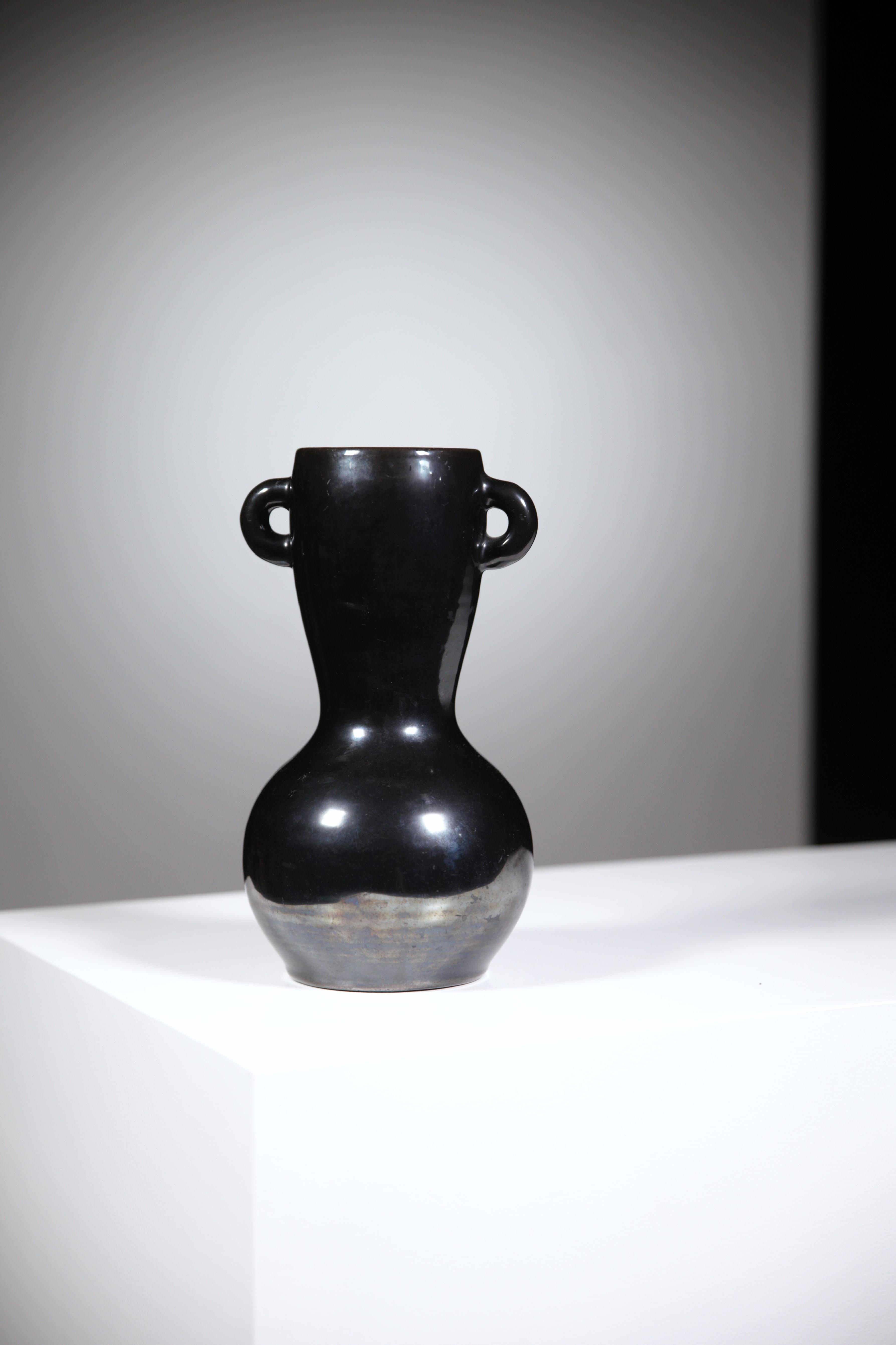 Black Iridescent Ceramic Vase by Les Potiers D' Accolay France 1960s In Good Condition For Sale In HYÈRES, FR