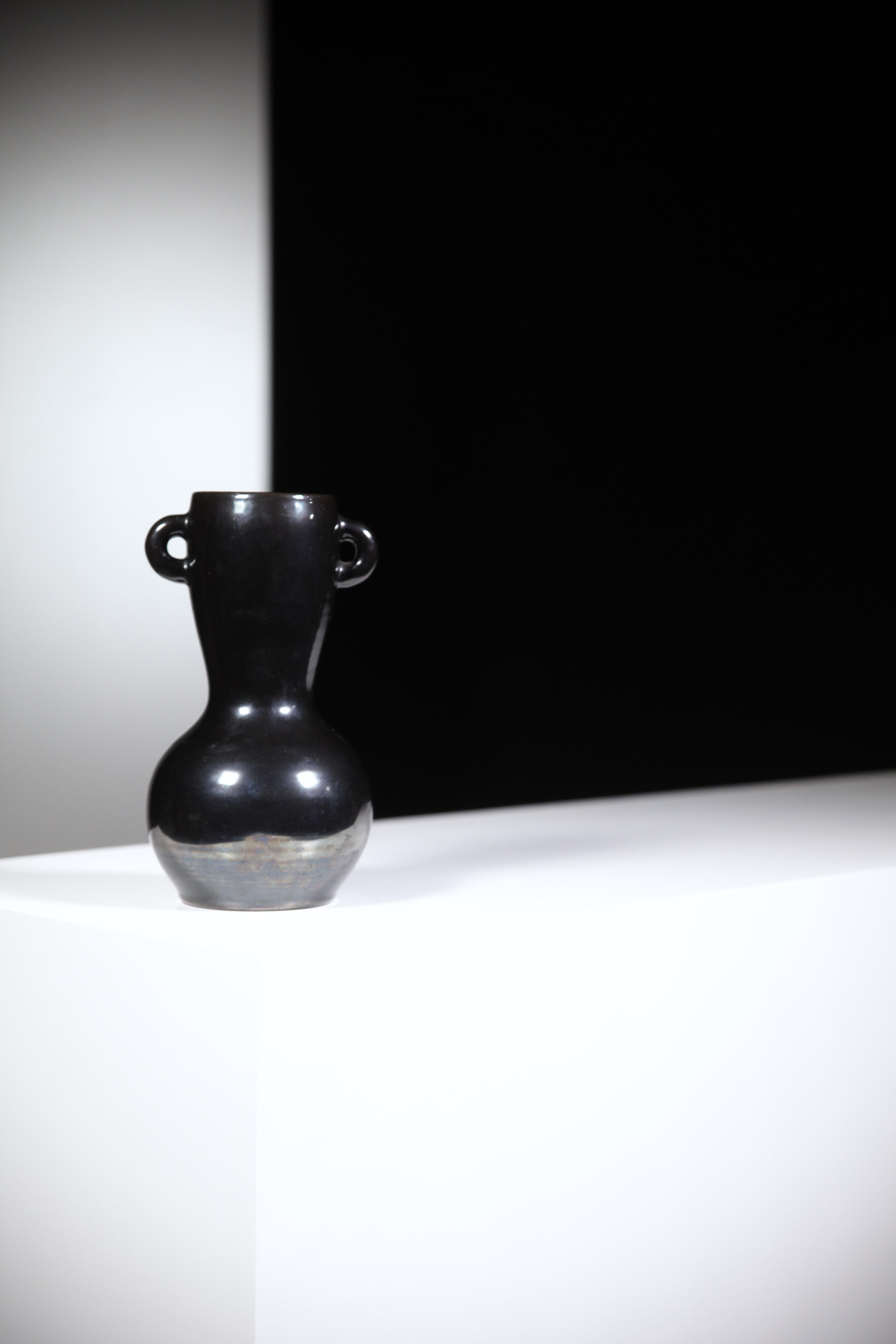 Mid-20th Century Black Iridescent Ceramic Vase by Les Potiers D' Accolay France 1960s For Sale