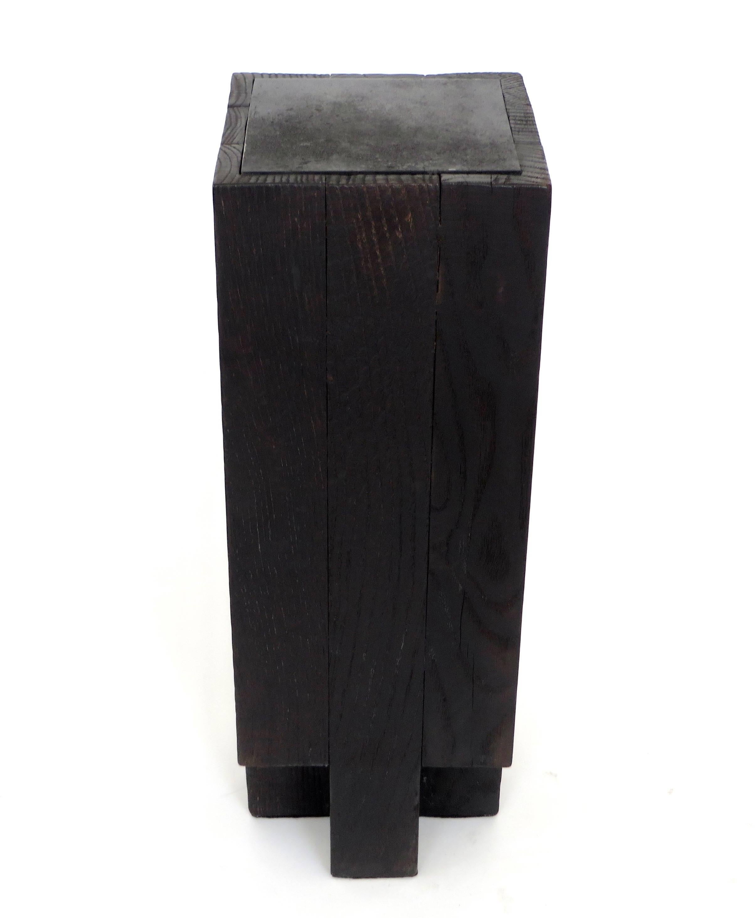 Minimalist Arno Declercq Black Belgian Oak Wood and Burned Steel Cross Stool or Side Table 