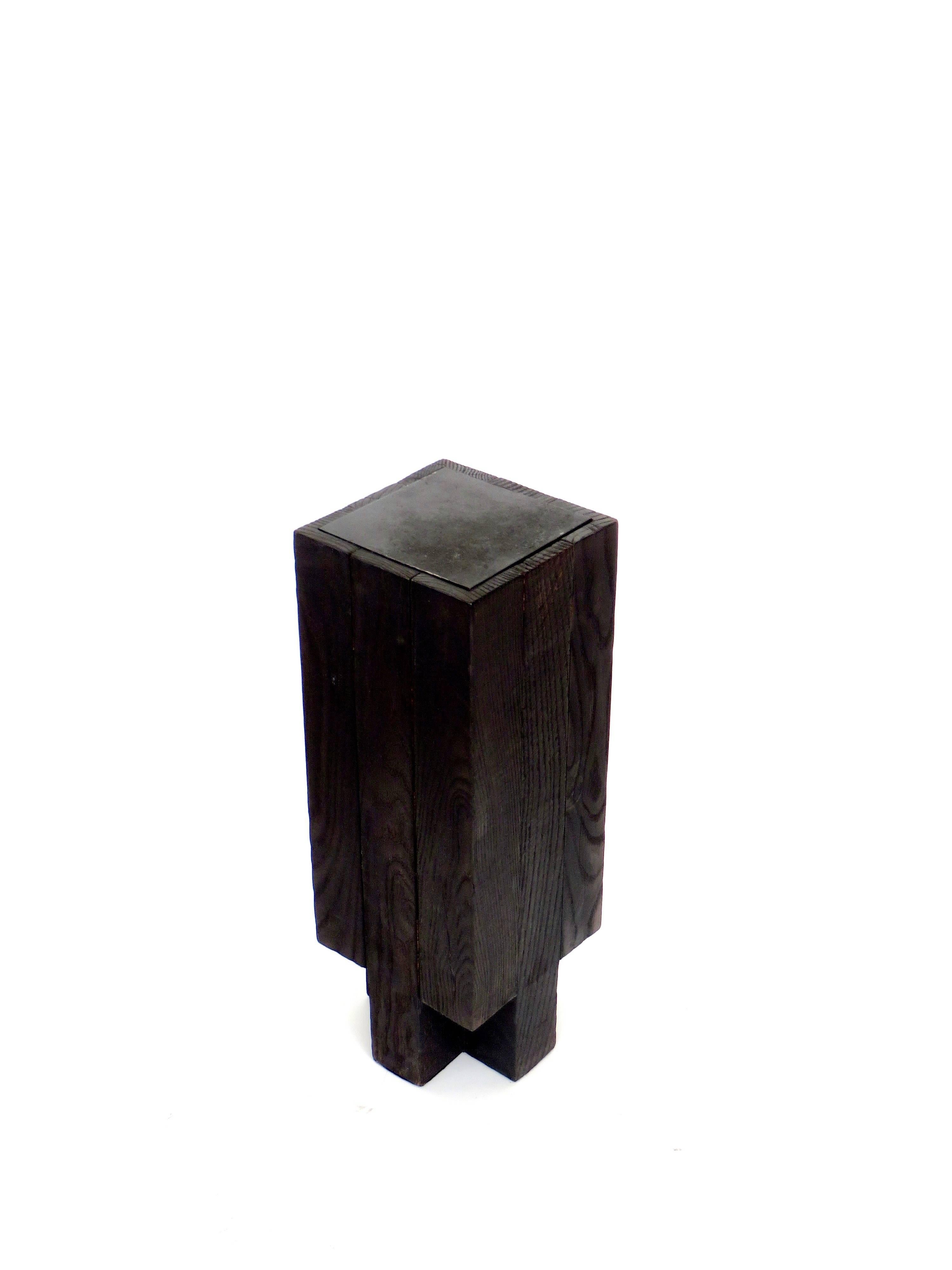 Contemporary Arno Declercq Black Belgian Oak Wood and Burned Steel Cross Stool or Side Table 