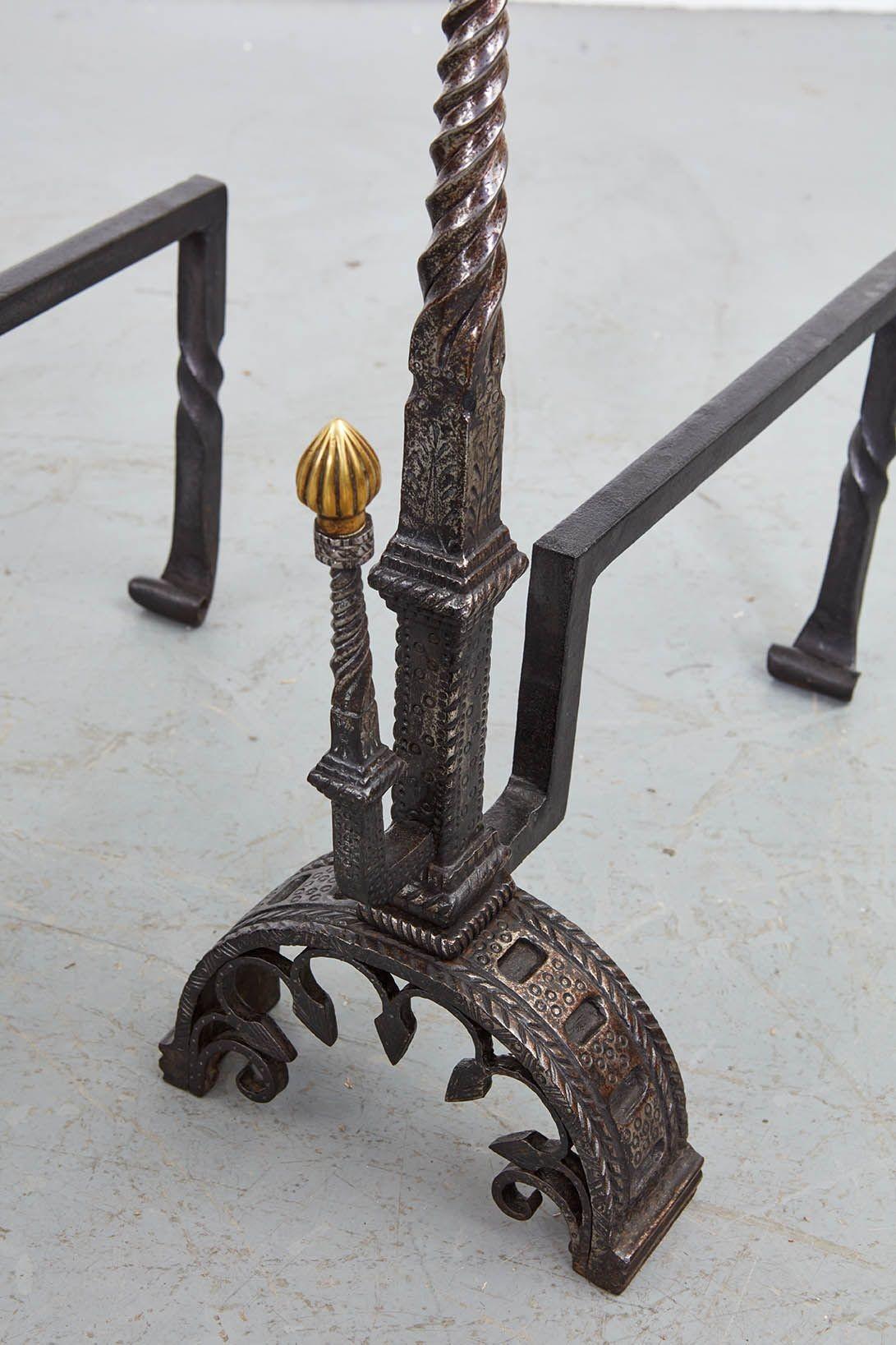 Black Iron and Brass Andirons In Good Condition For Sale In Greenwich, CT