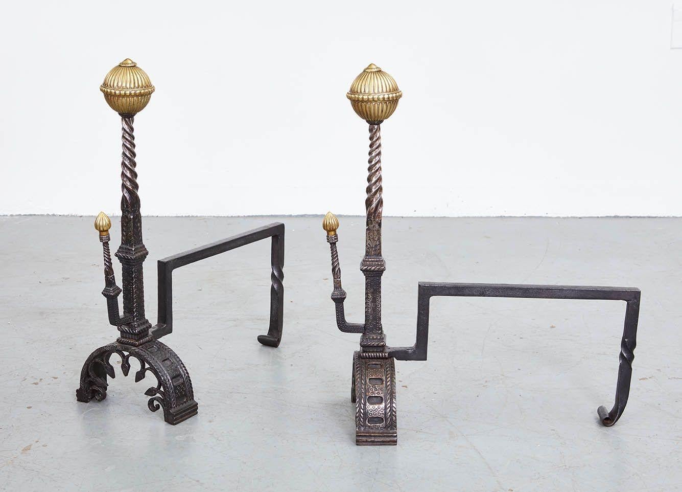 Late 19th Century Black Iron and Brass Andirons For Sale