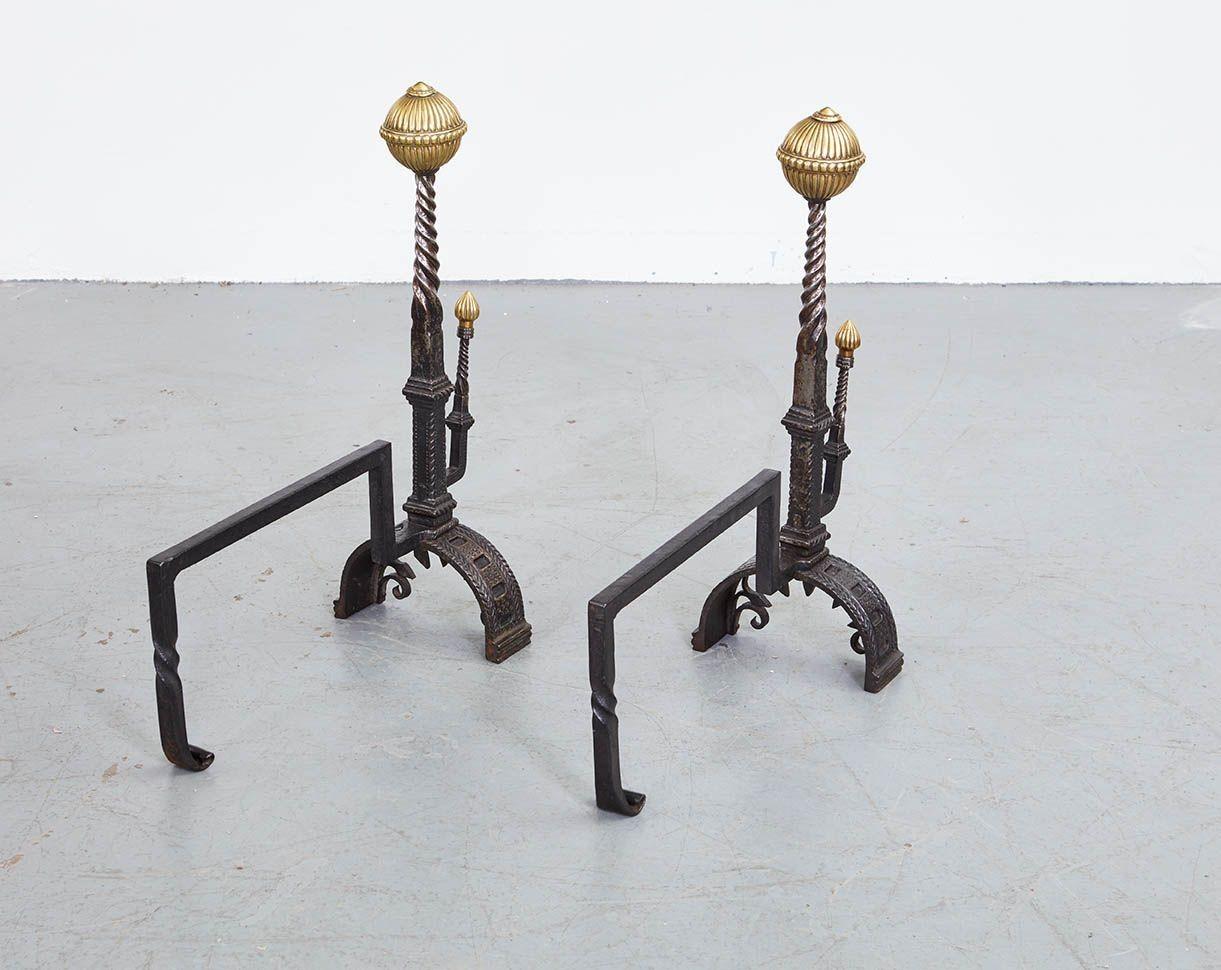 Black Iron and Brass Andirons For Sale 3