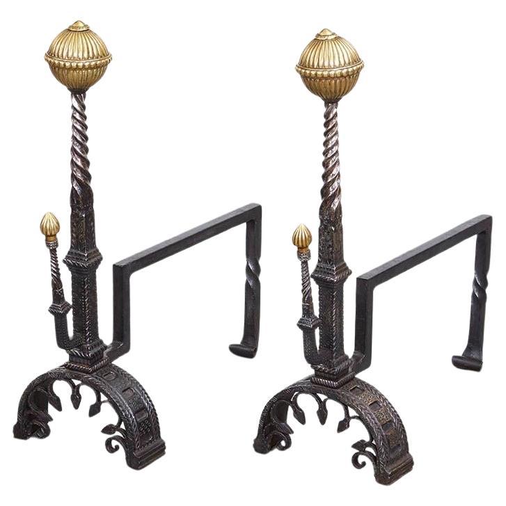 Black Iron and Brass Andirons For Sale