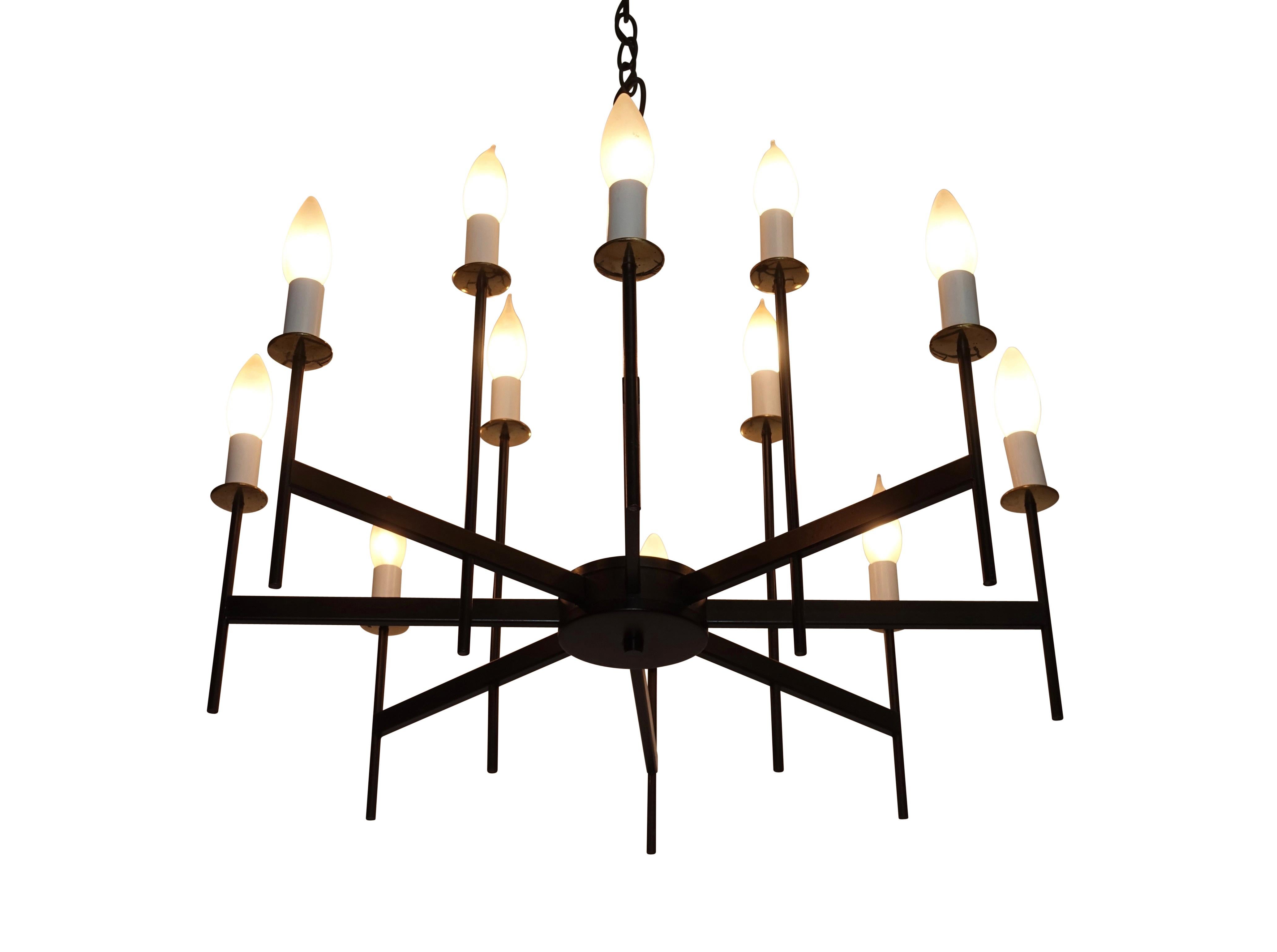 Mid-Century Modern Black Iron and Brass Lightolier Chandelier, American, Mid-20th Century For Sale