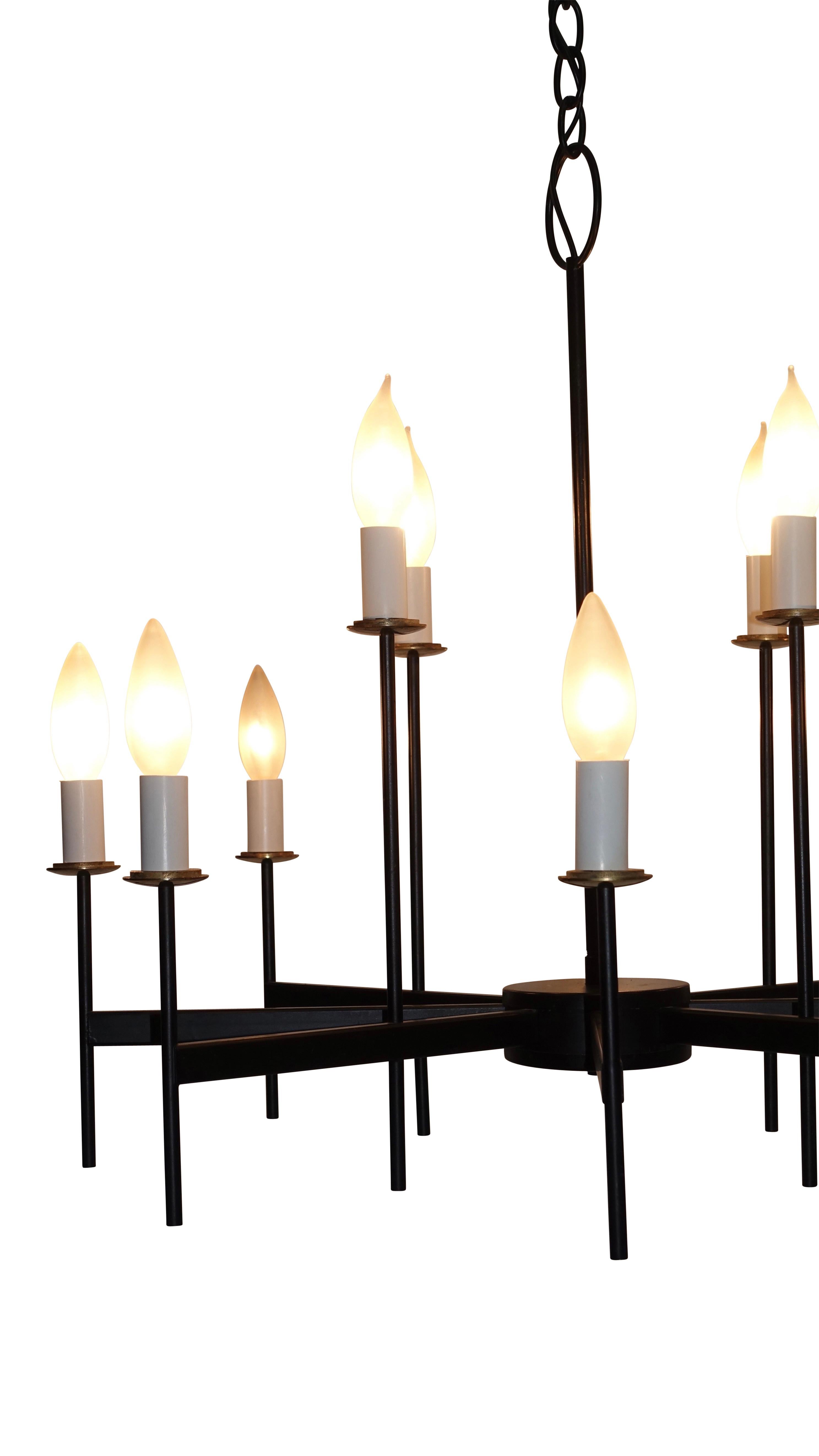 Black Iron and Brass Lightolier Chandelier, American, Mid-20th Century In Good Condition For Sale In San Francisco, CA