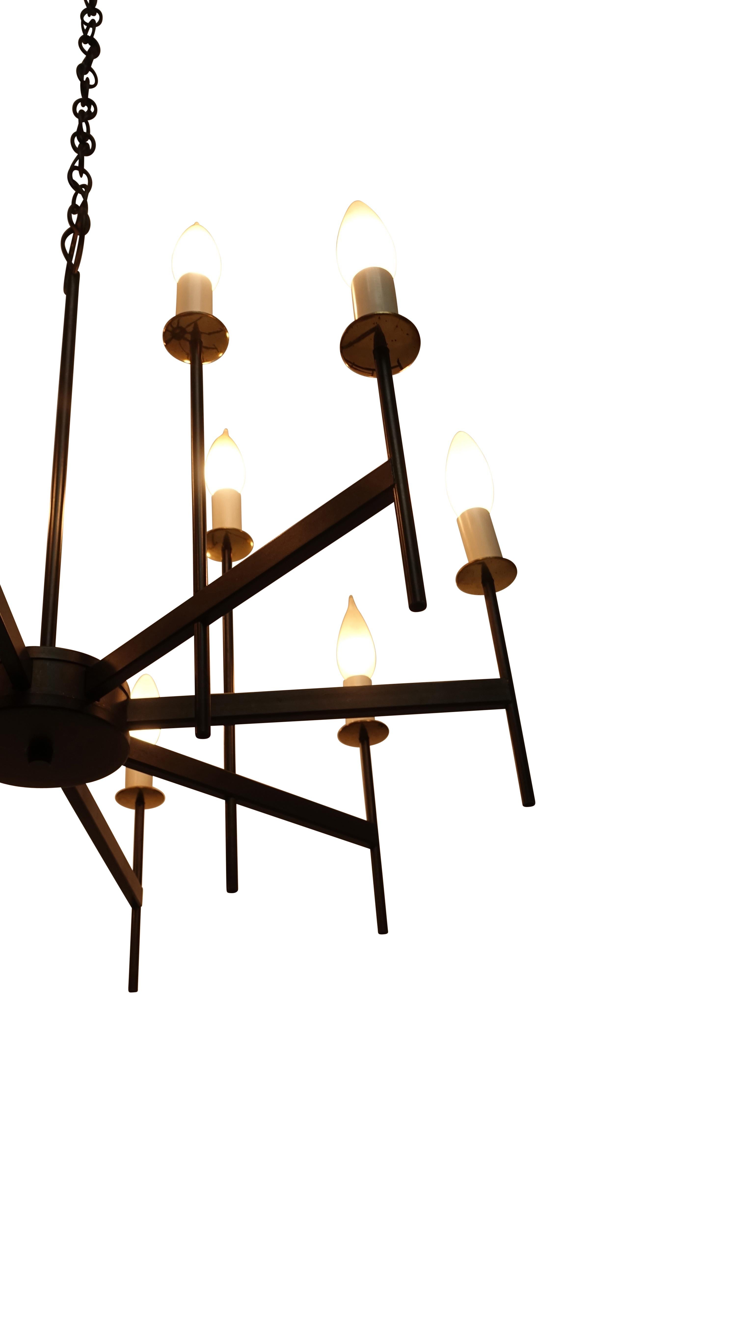 Black Iron and Brass Lightolier Chandelier, American, Mid-20th Century For Sale 2