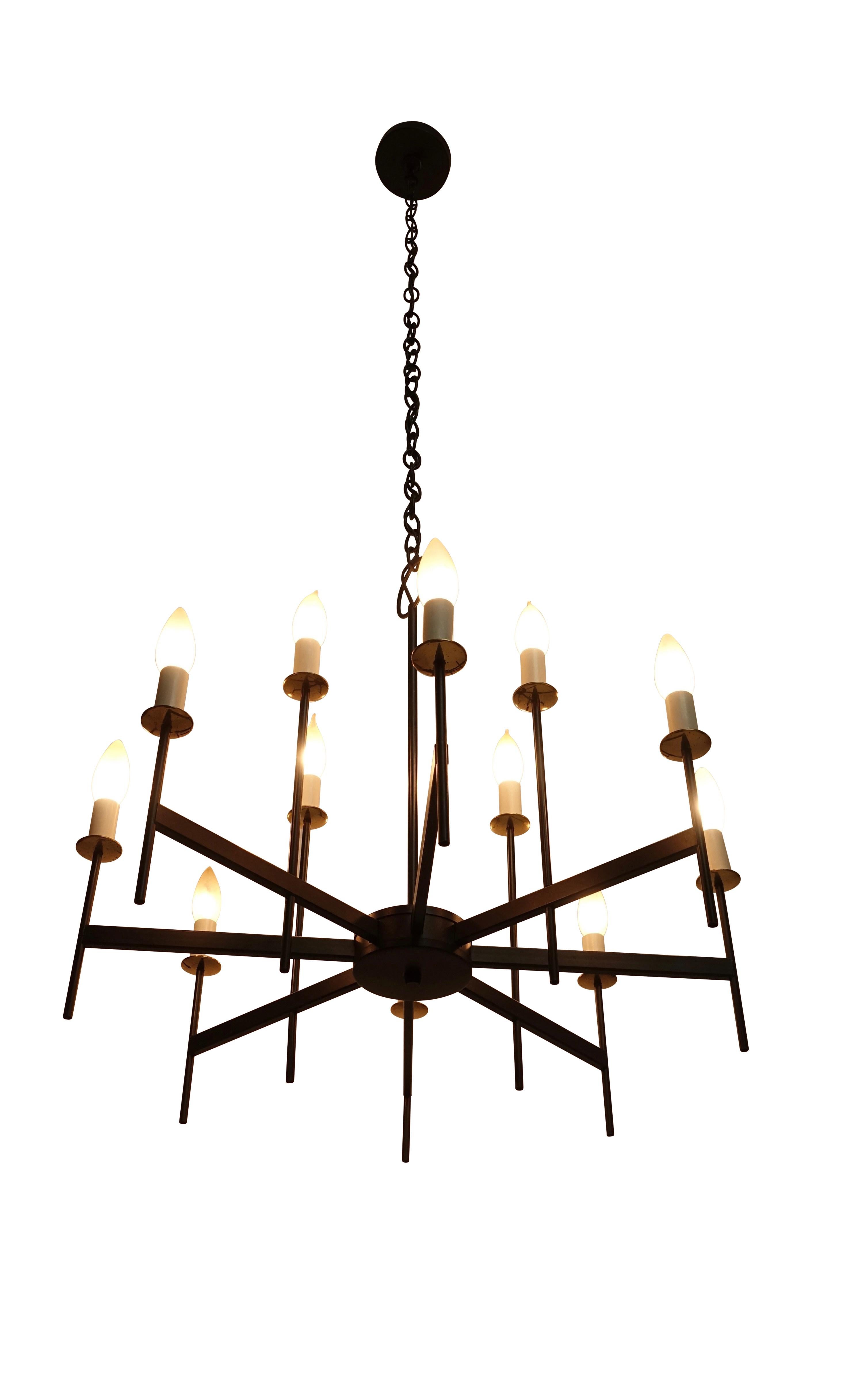 Black Iron and Brass Lightolier Chandelier, American, Mid-20th Century For Sale 3
