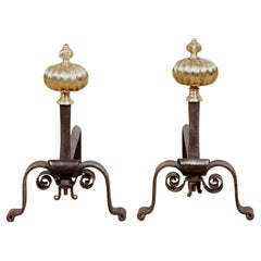 Black Iron and Brass Onion Finial Andirons