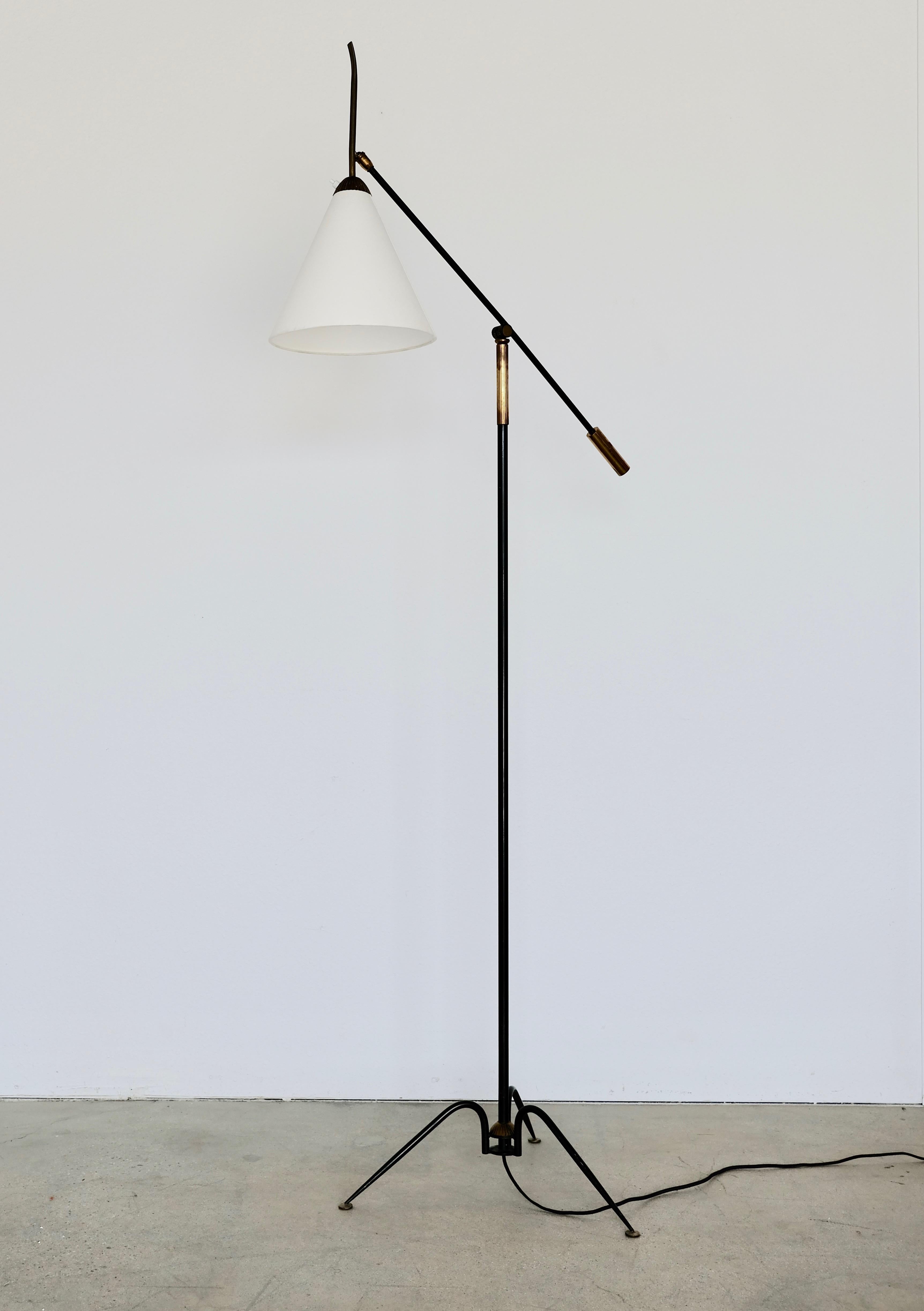 Black Iron and Bronze 1950s Articulated French Floor Lamp 1