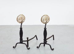 Black Iron Andirons with Brass Rosettes