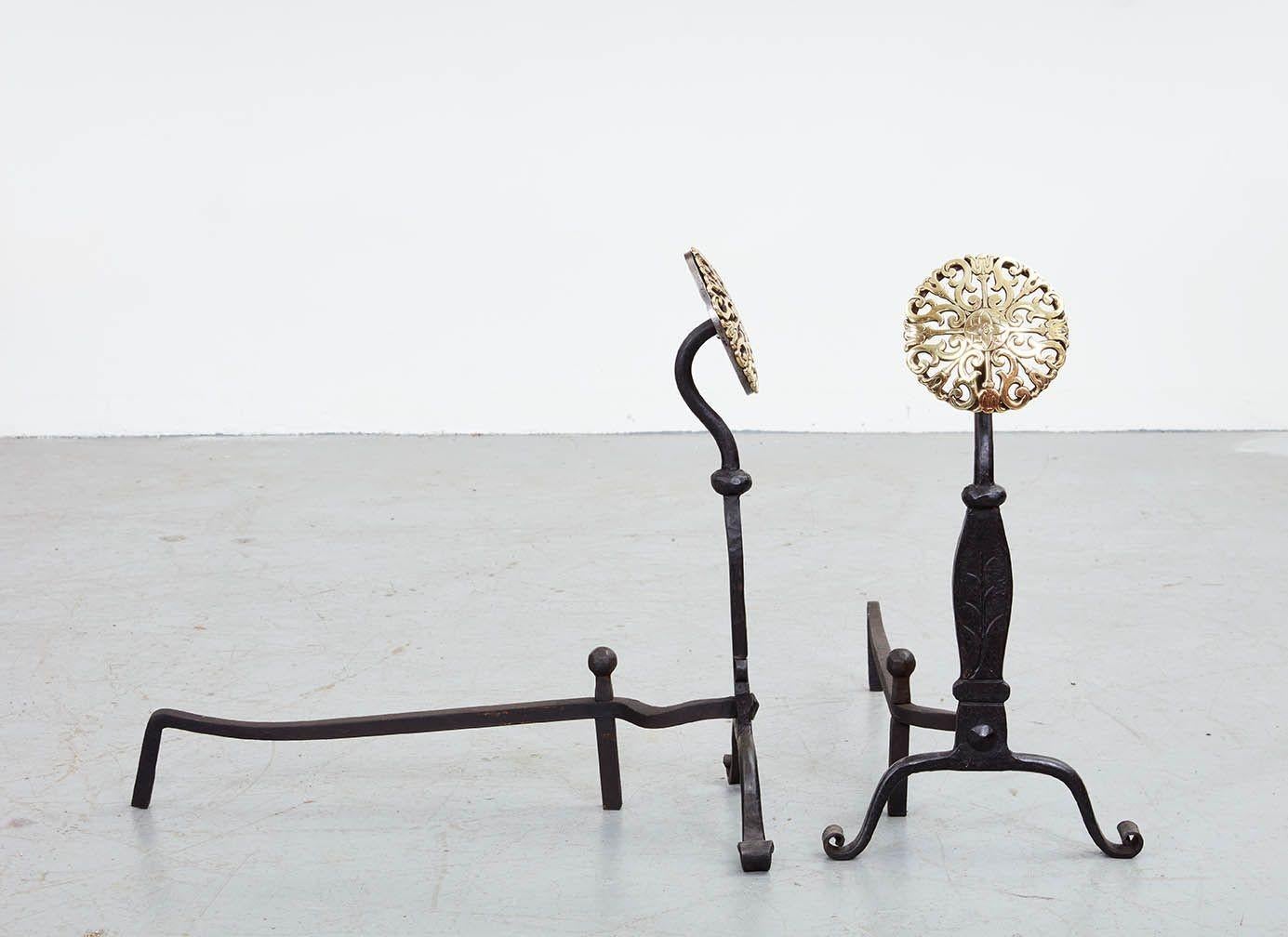 Black Iron Andirons with Brass Rosettes In Good Condition For Sale In Greenwich, CT