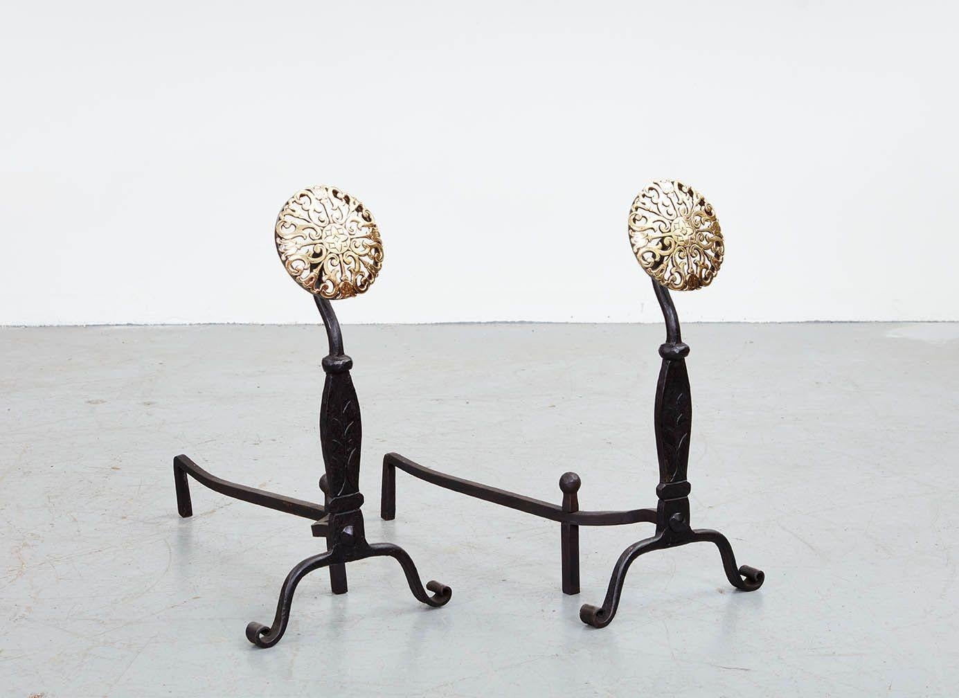 Early 20th Century Black Iron Andirons with Brass Rosettes For Sale