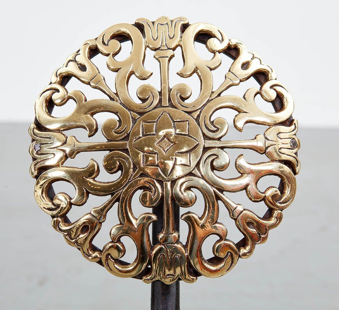 Black Iron Andirons with Brass Rosettes For Sale 1