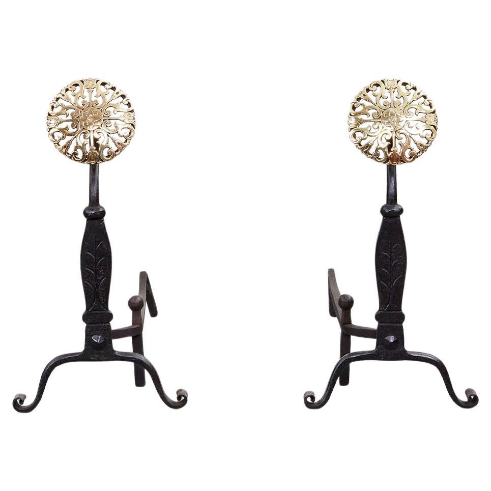 Black Iron Andirons with Brass Rosettes For Sale