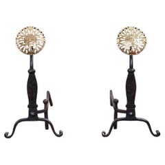 Antique Black Iron Andirons with Brass Rosettes