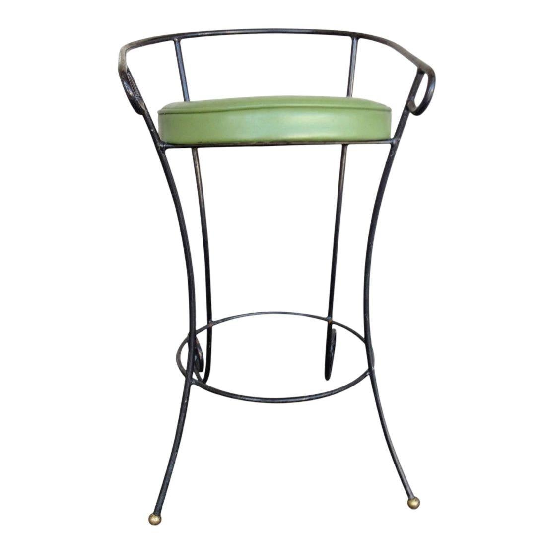 Mid-Century Modern Black Iron Bar Stools W/ Scrolling Accents, Set of Four