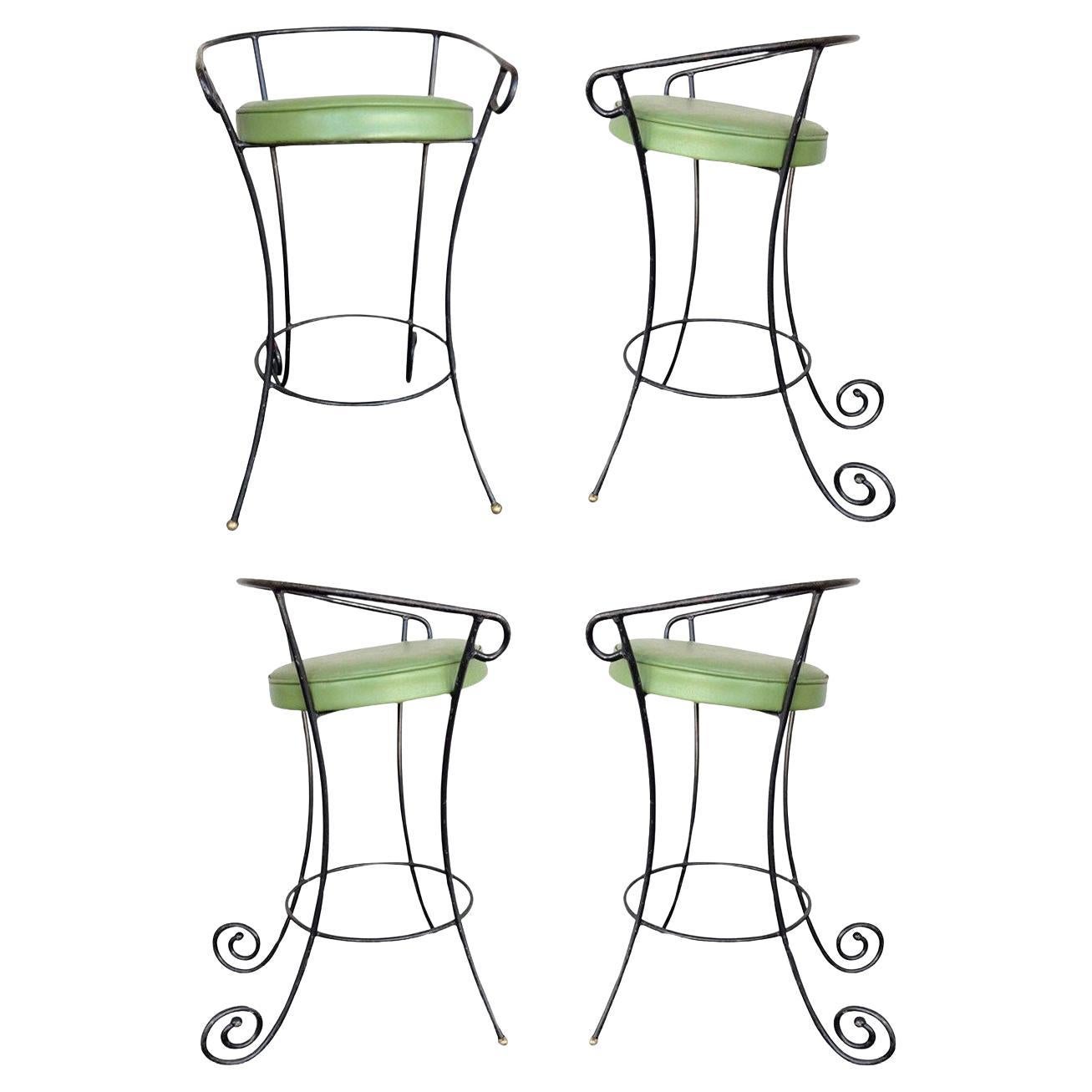 Black Iron Bar Stools W/ Scrolling Accents, Set of Four For Sale