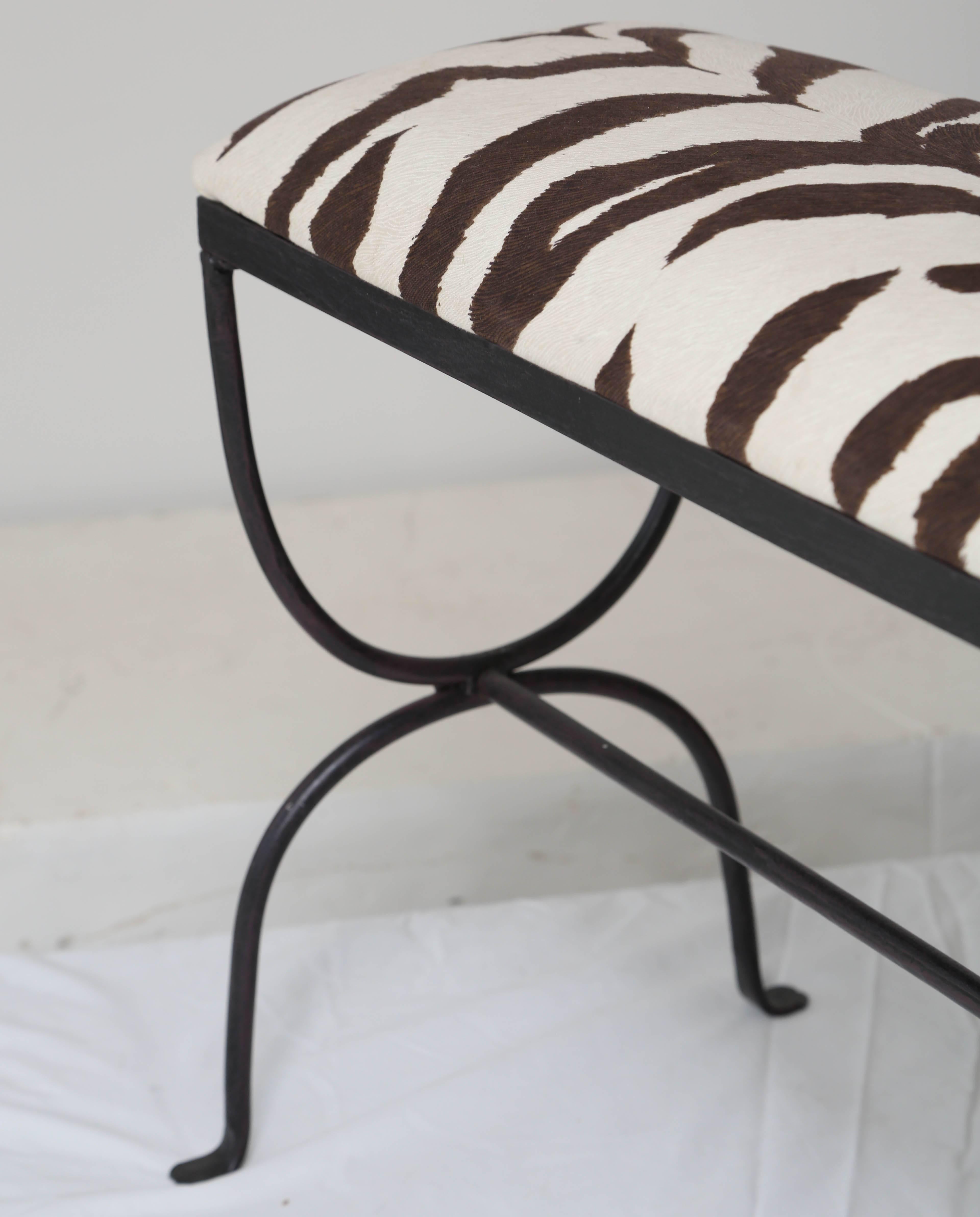 Black Iron Bench with Zebra Fabric Cushion In Good Condition In West Palm Beach, FL