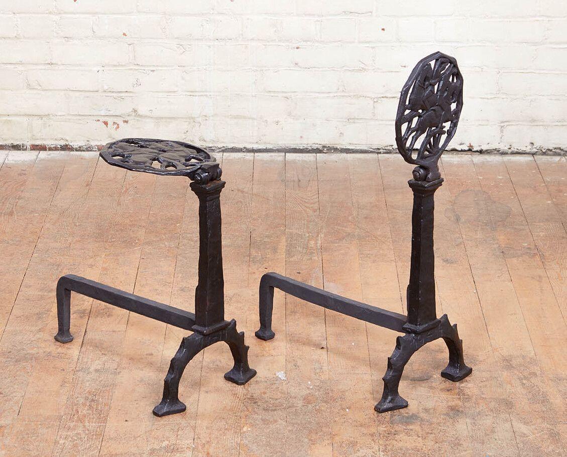 Wrought Iron Black Iron Deco Andirons For Sale